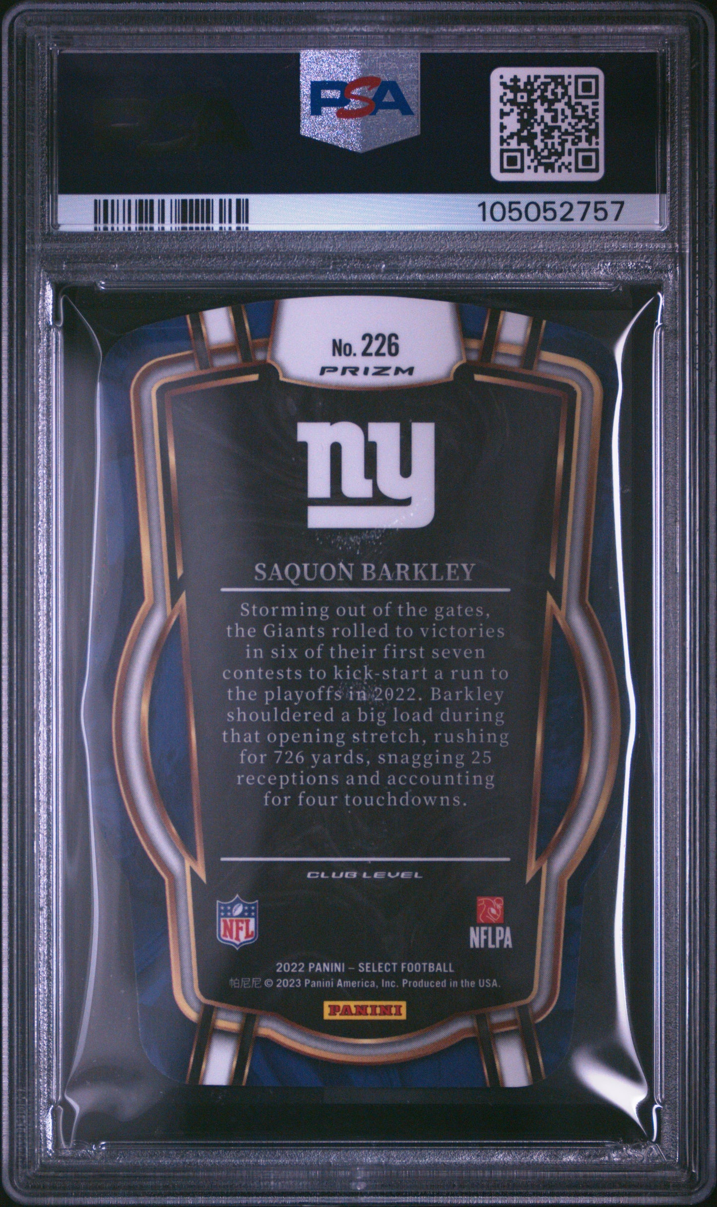2022 Panini Select Saquon Barkley #226 Die Cut Zebra Prizm PSA 9