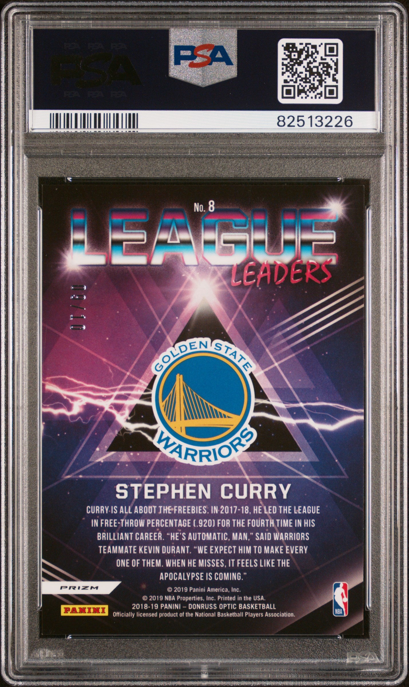 2018 Panini Donruss Optic League Leaders Stephen Curry #8 Gold PSA 9
