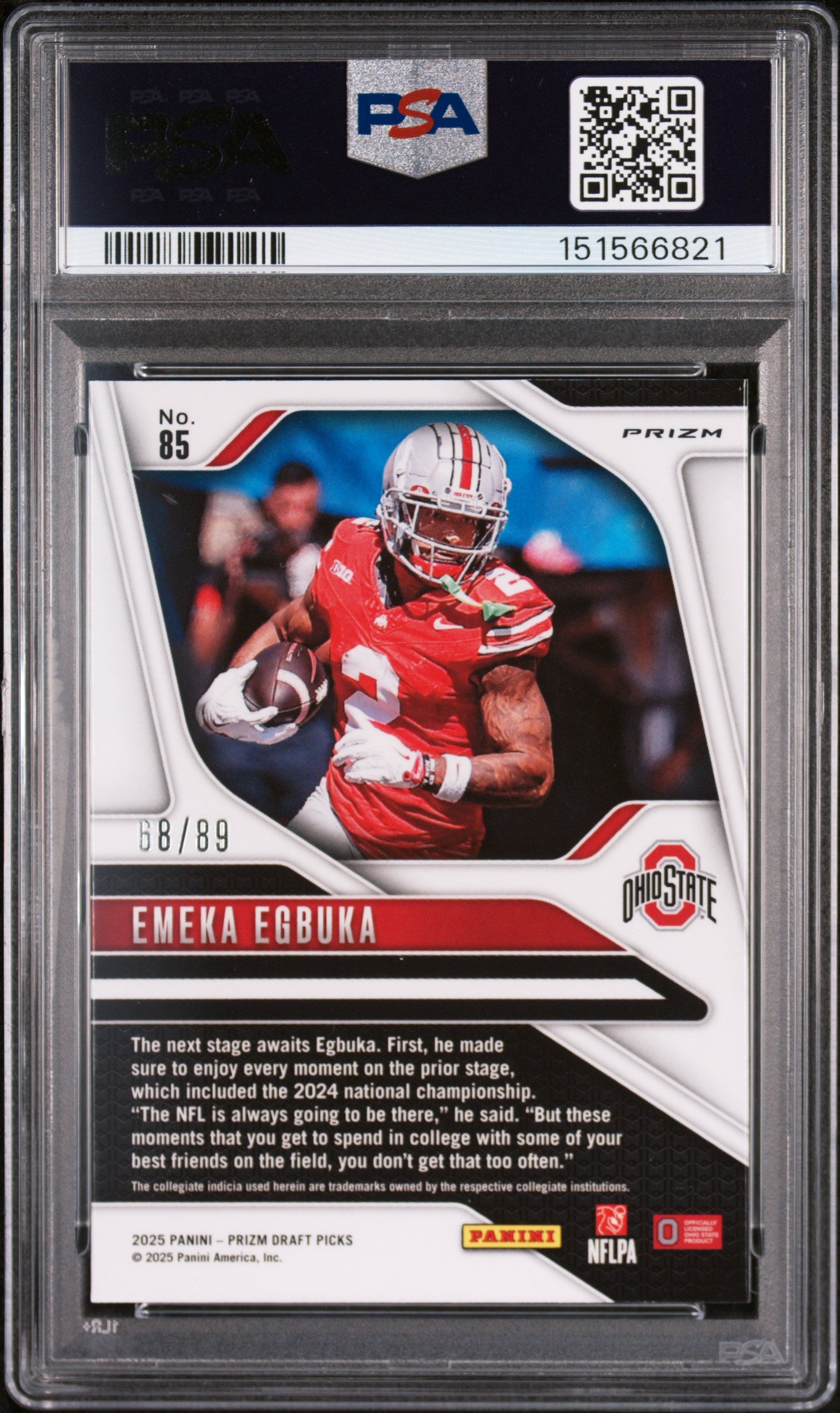 2025 Panini Prizm Draft Picks Emeka Egbuka #85 Blue Finite PSA 10