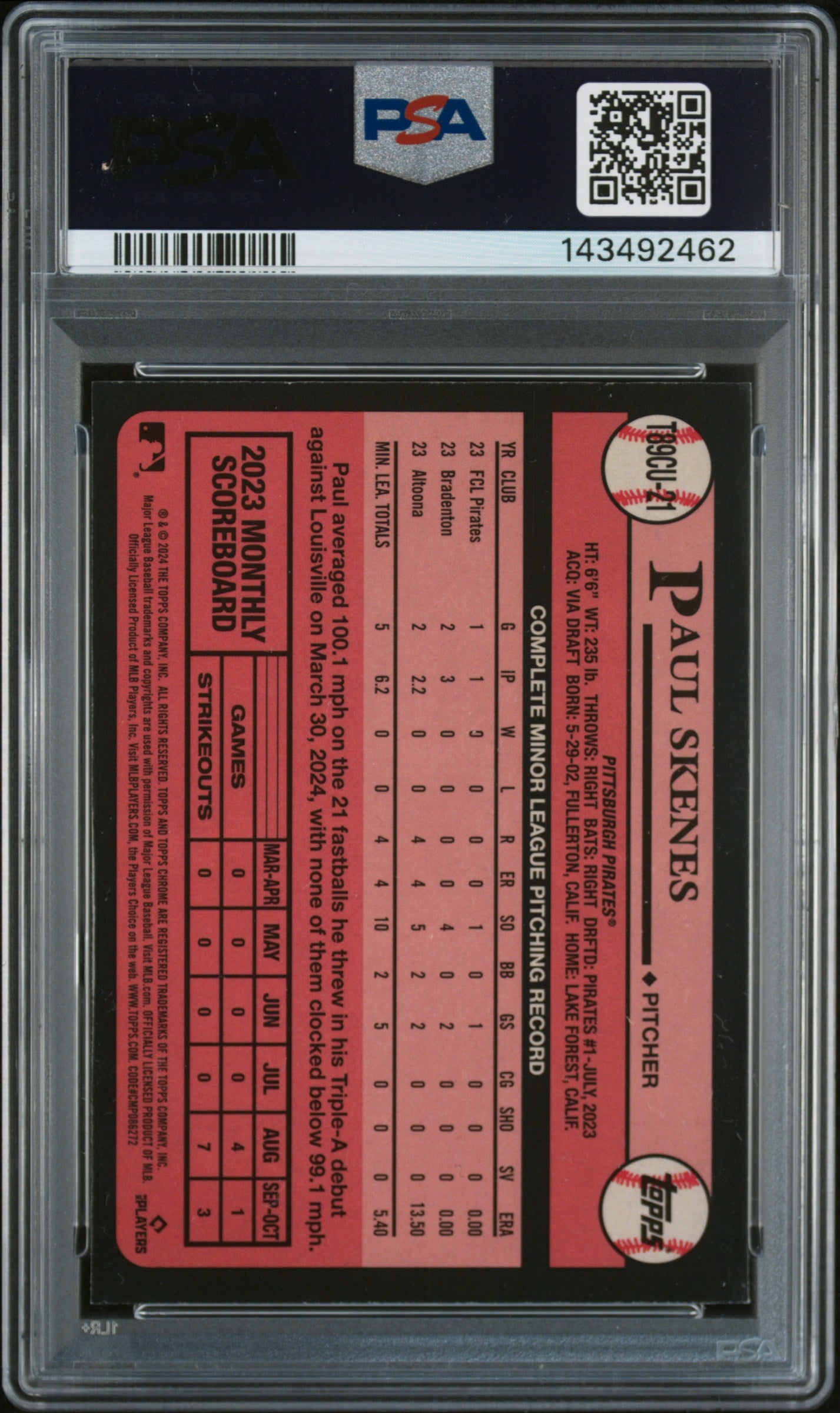 2024 Topps Silver Pack 1989 Paul Skenes Authentic Auto /75 PSA 9 Auto 10