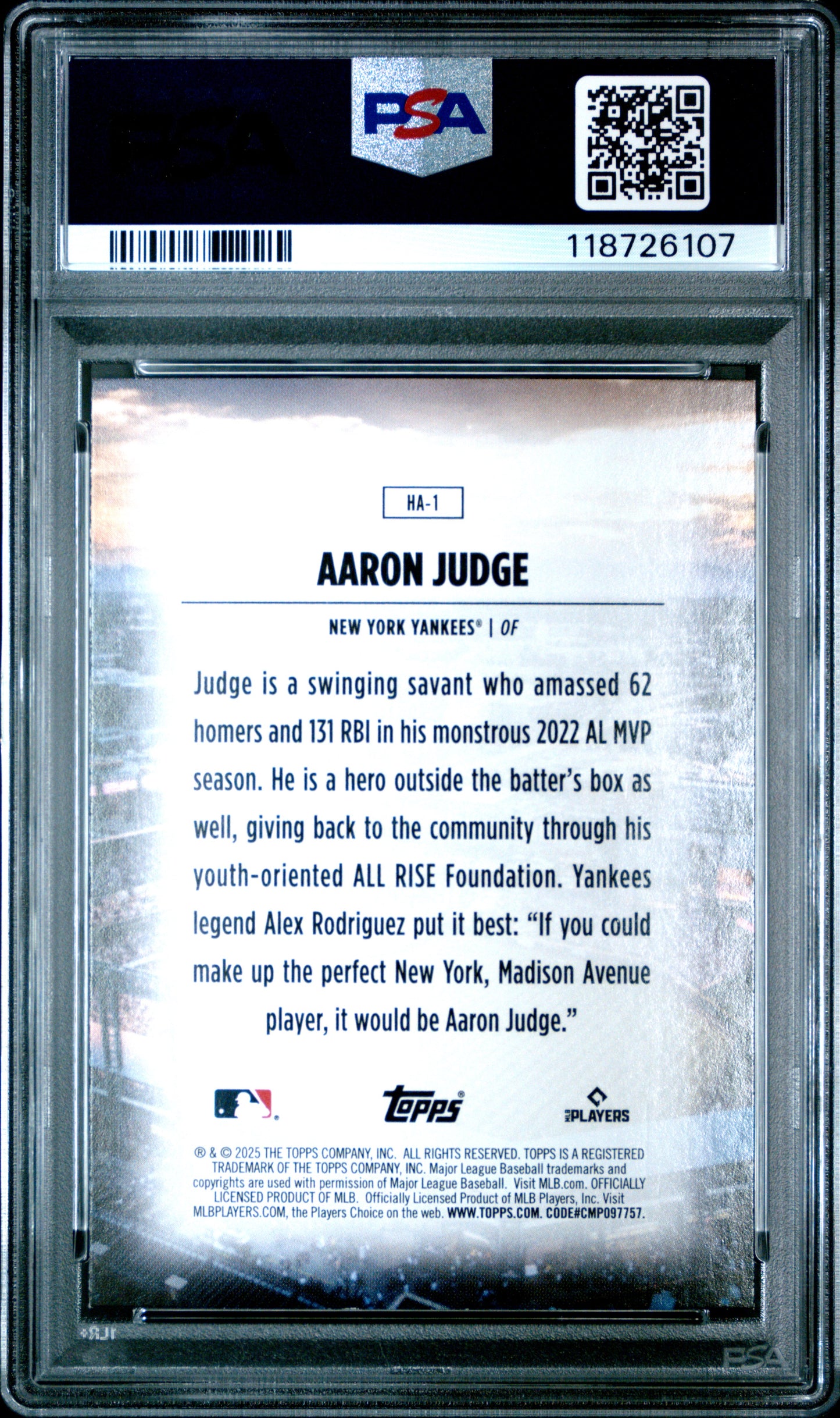 2025 Topps Home Field Advantage Aaron Judge #HA1 PSA 9