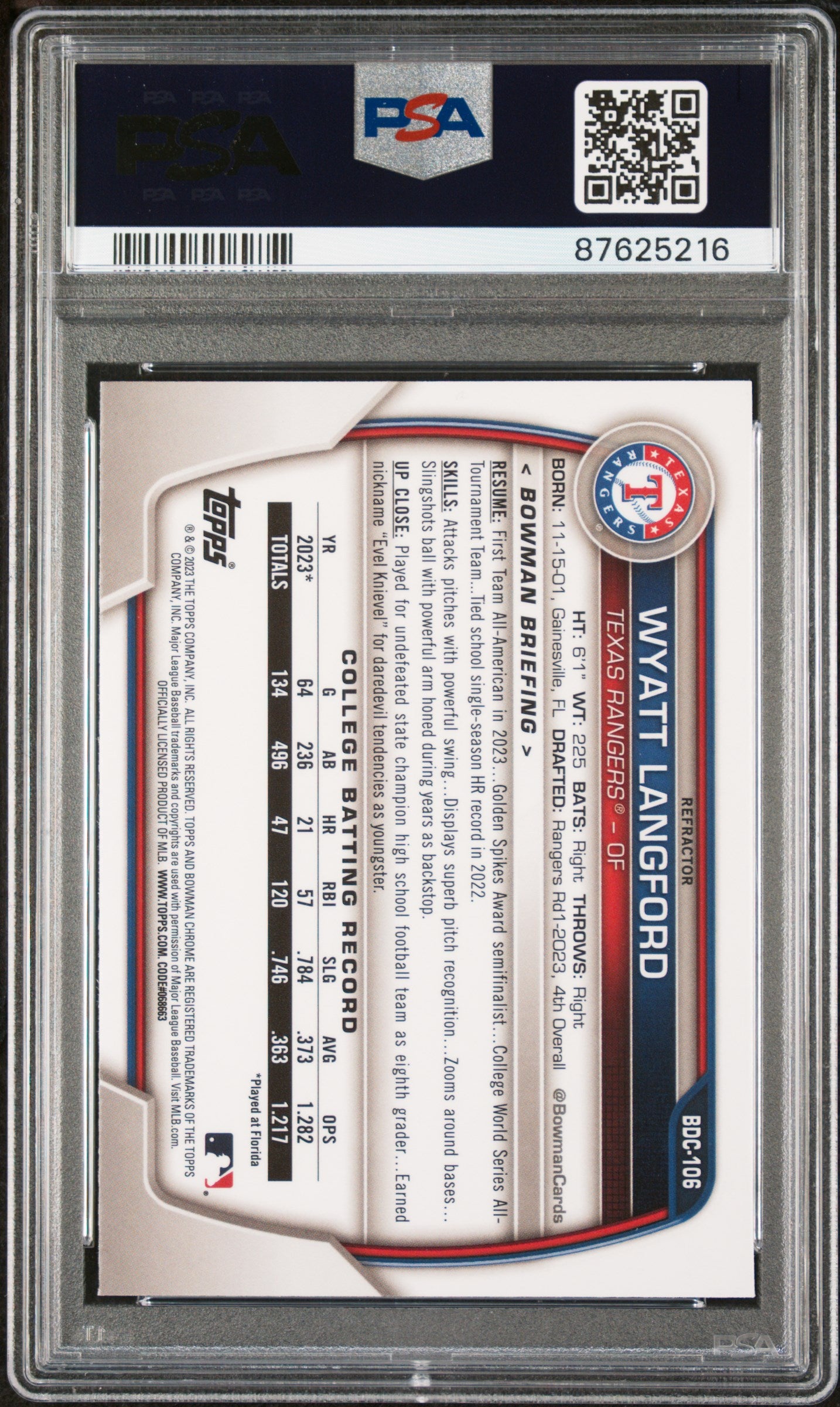 2023 Bowman Draft Wyatt Langford #BDC106 Chrome Refractor PSA 9