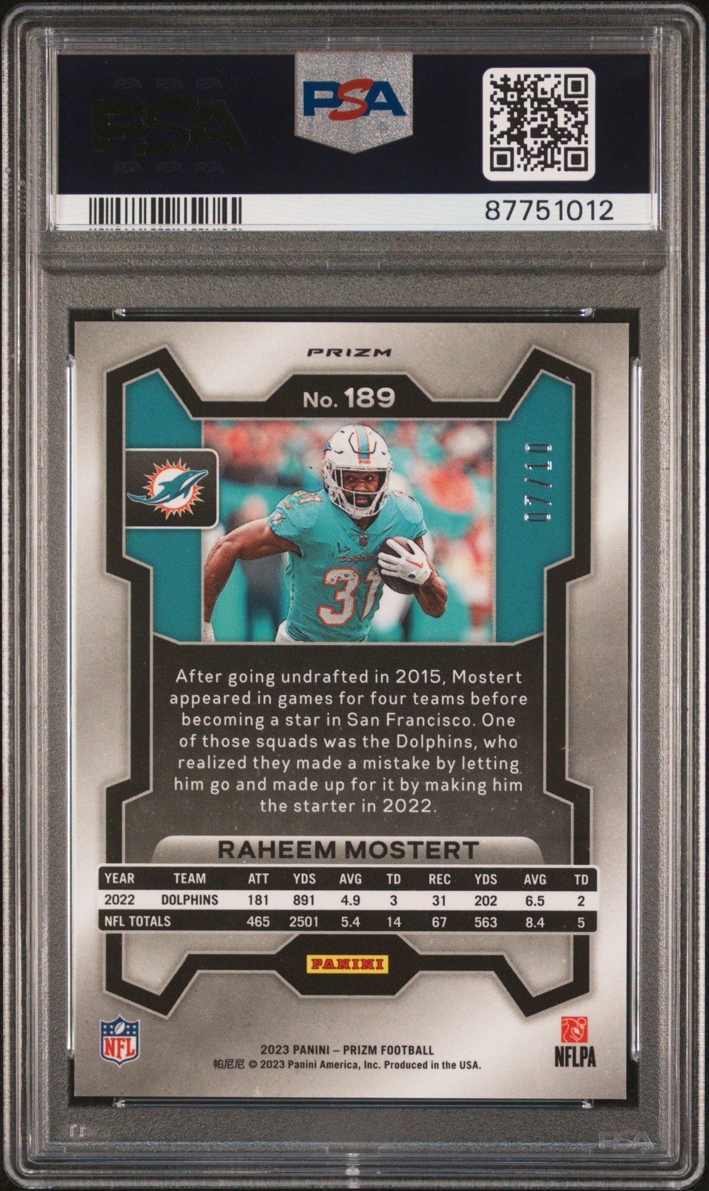 2023 Panini Prizm Raheem Mostert #189 Gold Shimmer PSA 10