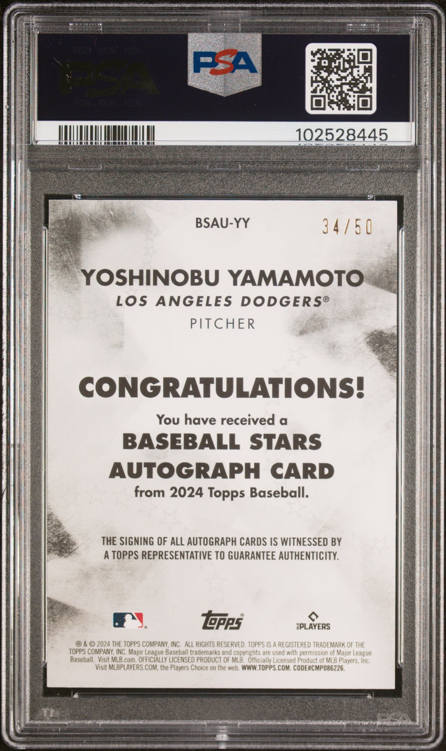 2024 Topps Baseball Stars Autographs Yoshinobu Yamamoto #YY Gold PSA 9