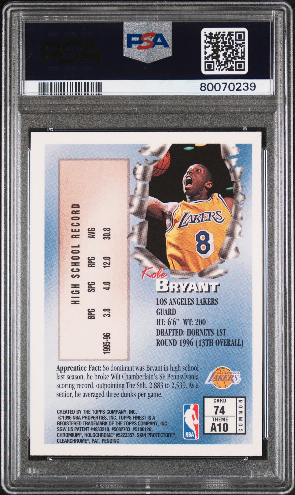 1996 Finest Kobe Bryant #74 W Coating PSA 8