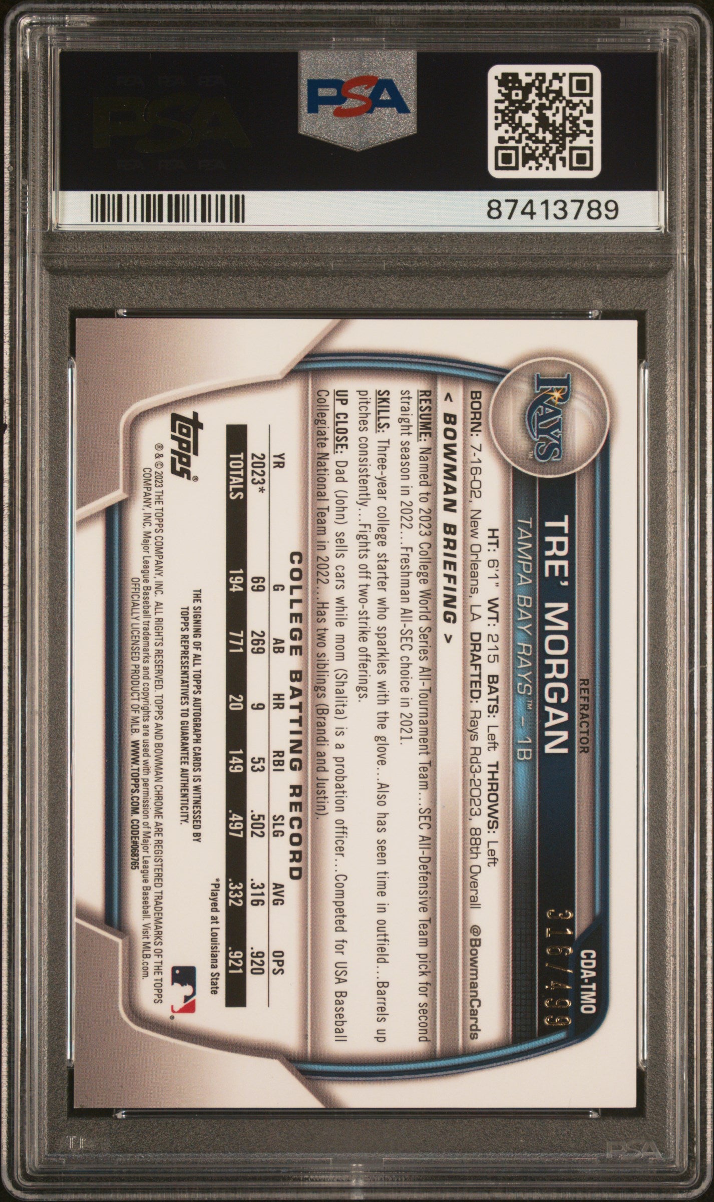 2023 Bowman Draft Chrome Prospect Autograph Tre' Morgan #CDATMO Prspct Refractor PSA 9