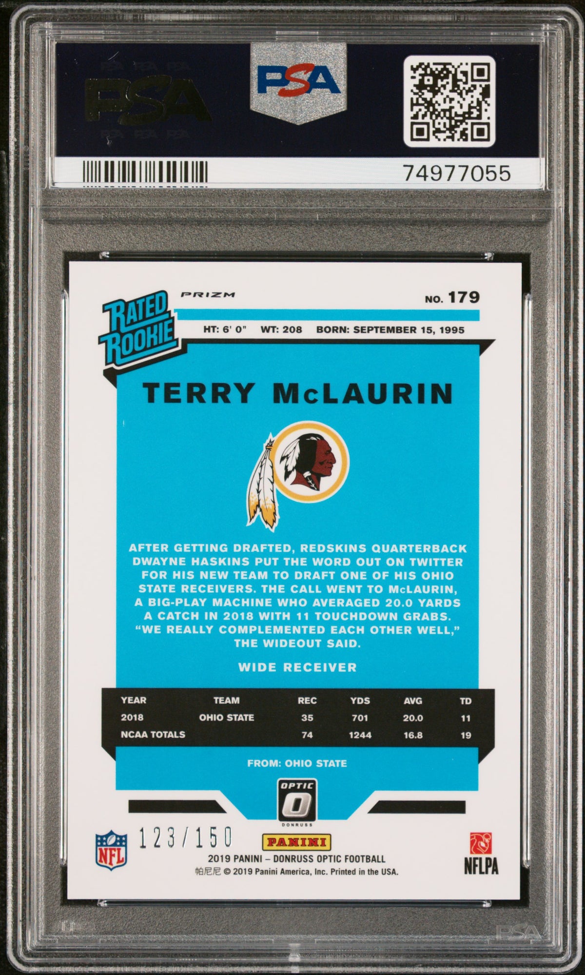 2019 Panini Donruss Optic Terry Mclaurin #179 Blue PSA 10