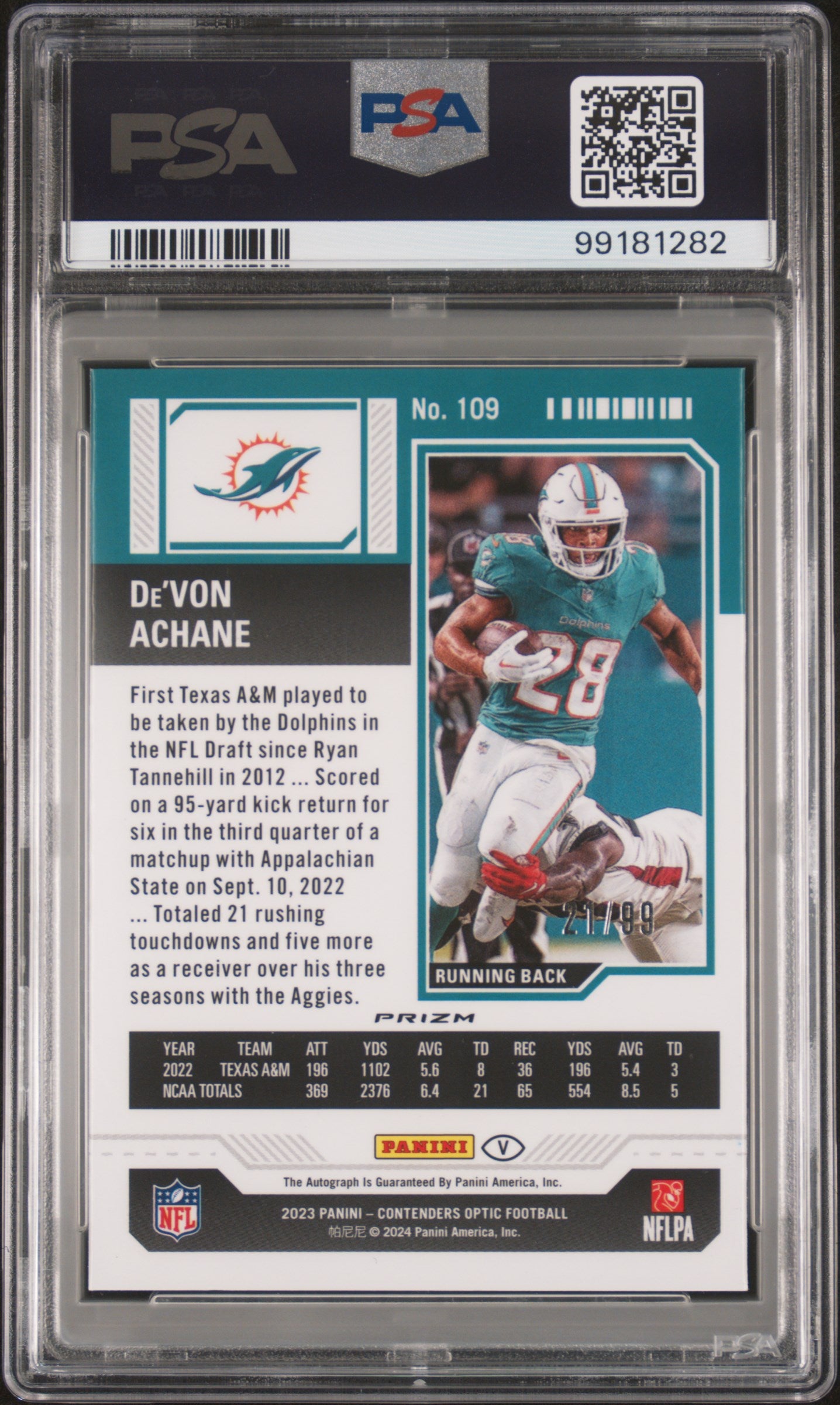 2023 Panini Contenders Optic De'von Achane #109 Variation Autograph Red PSA 9