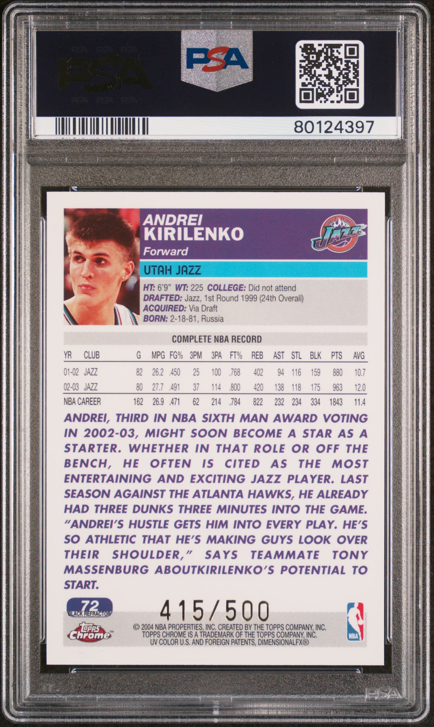 2003 Topps Chrome Andrei Kirilenko #72 Black Refractor PSA 8