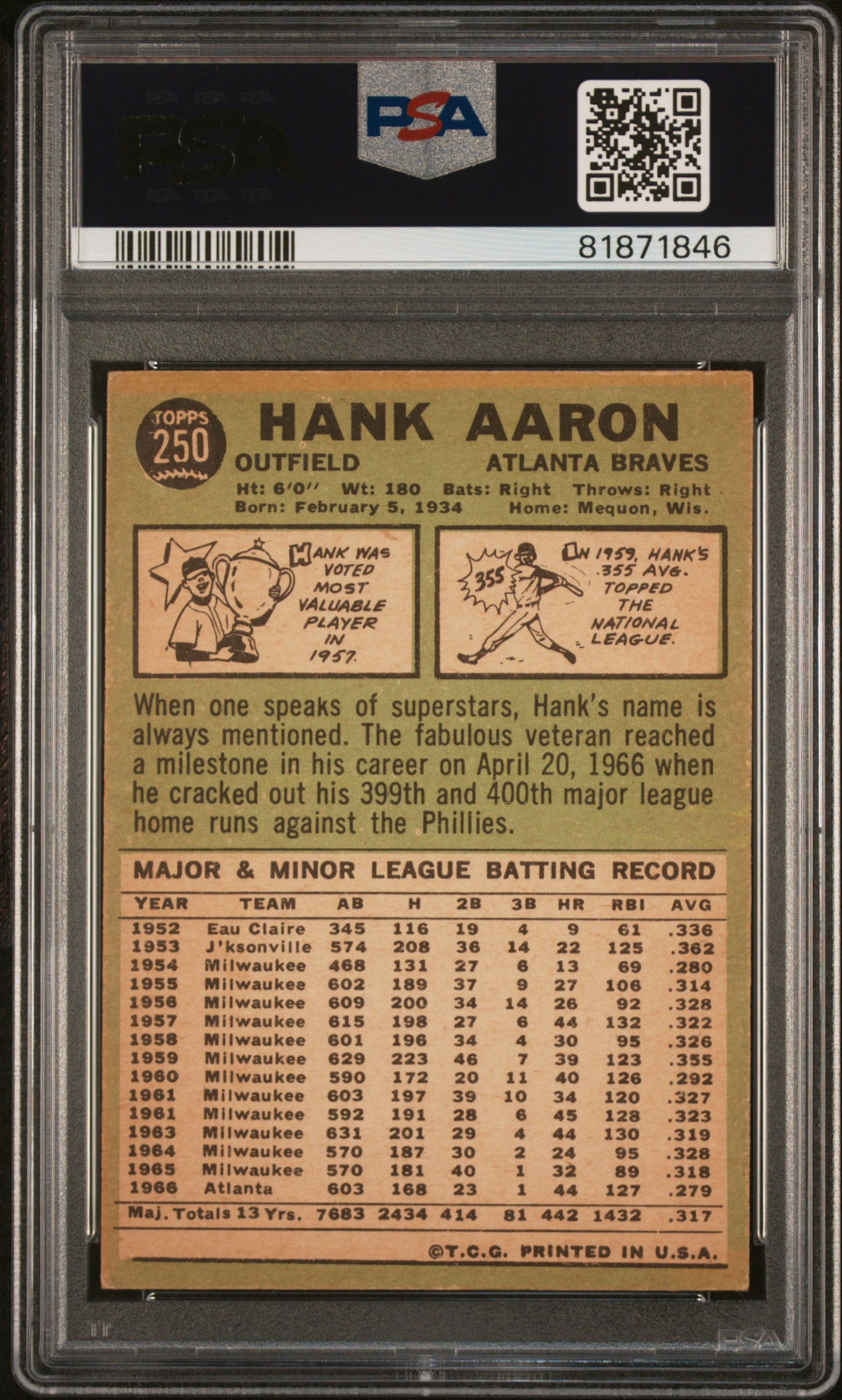 1967 Topps Hank Aaron #250 PSA 5