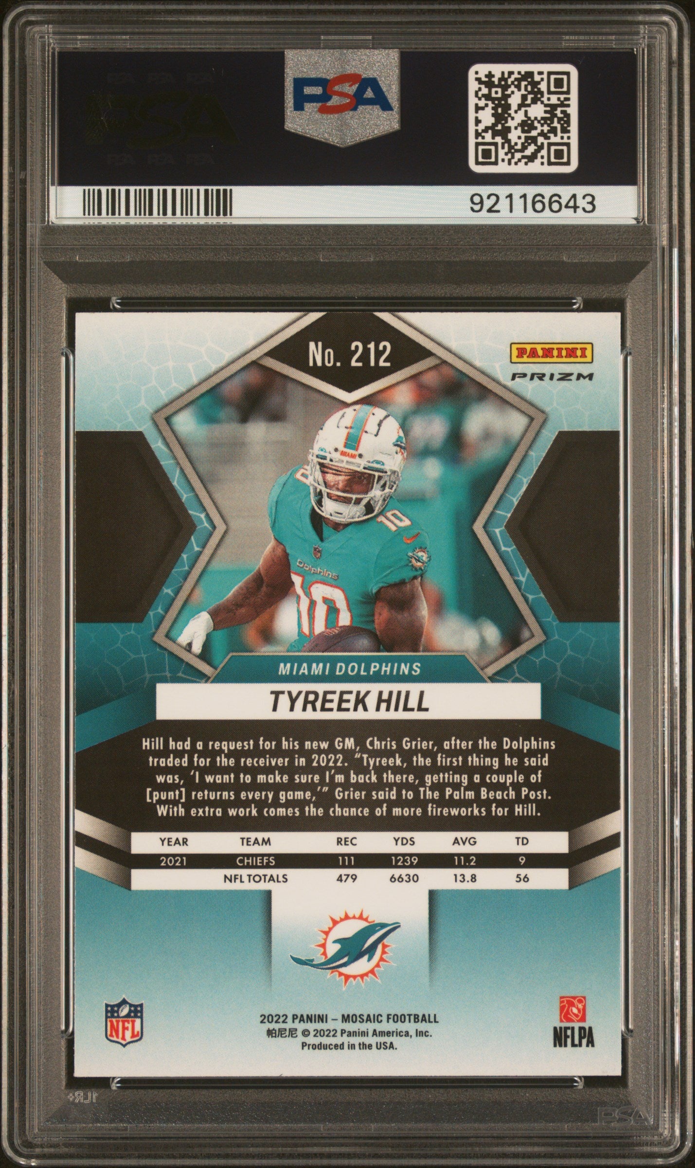 2022 Panini Mosaic Tyreek Hill #212 Genesis PSA 10