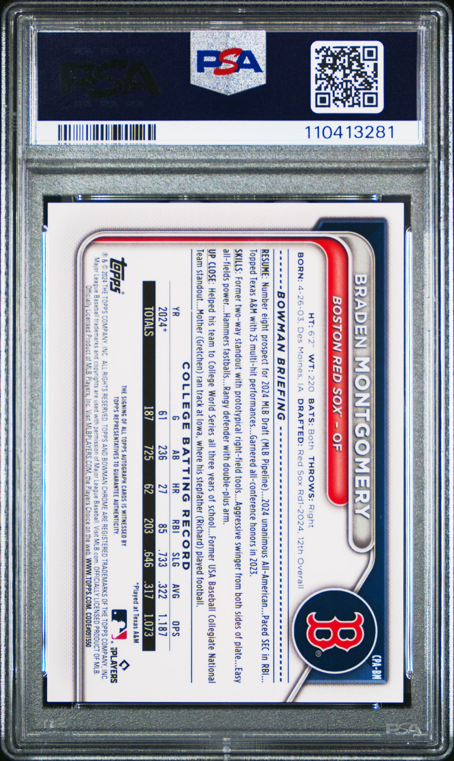 2024 Bowman Draft Sapphire Edition Autographs Braden Montgomery /199 PSA 10