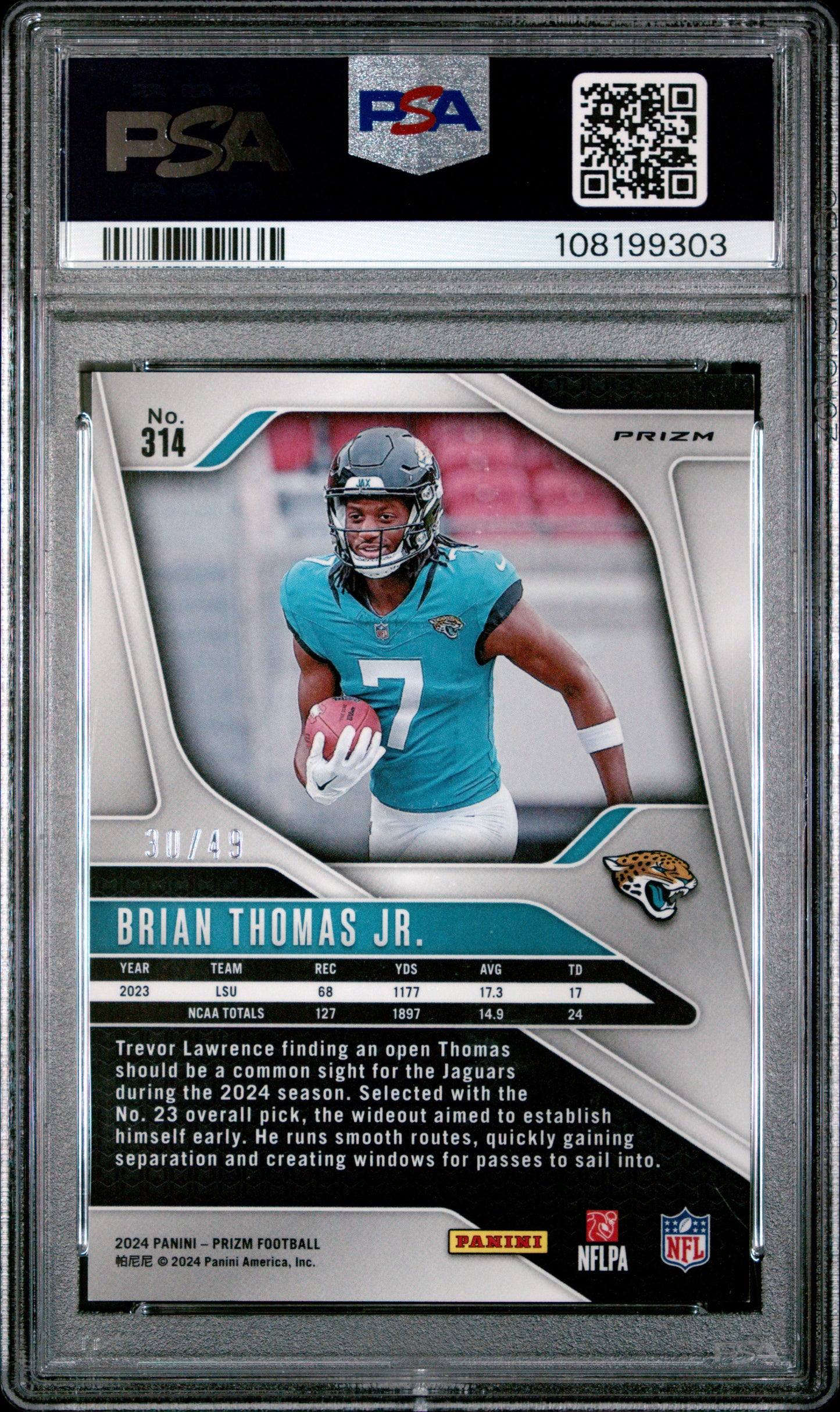 2024 Panini Prizm Brian Thomas JR. #314 No Huddle Purple PSA 10