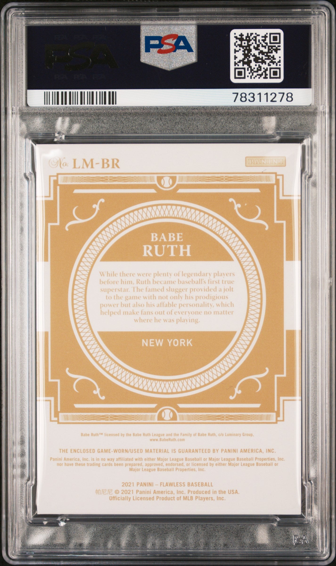 2021 Panini Flawless Legendary Materials Babe Ruth #LM-BR Gold 1/5 PSA 10