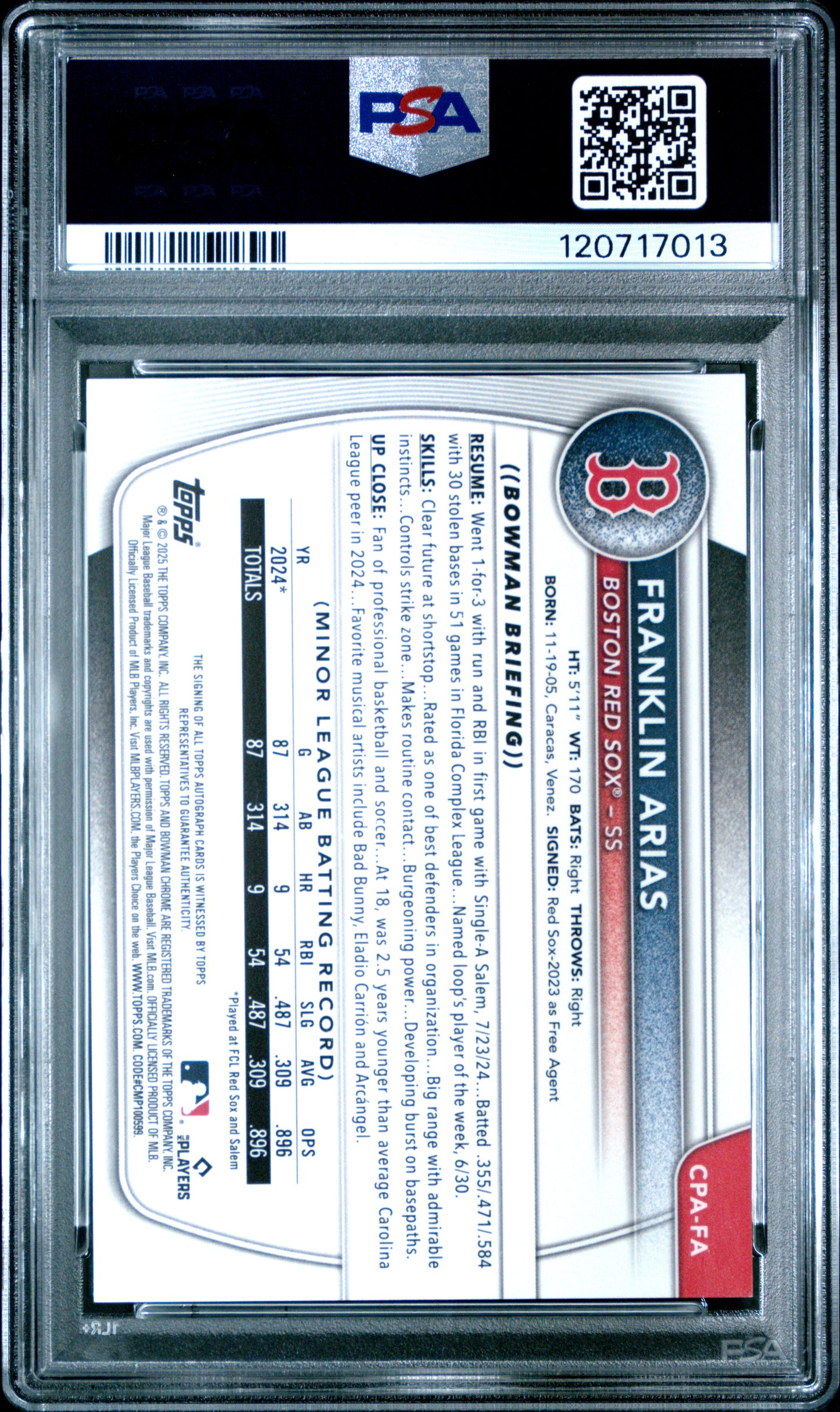 2025 Bowman Chrome Prospect Autographs Franklin Arias #CPAFA Speckle /299 PSA 10