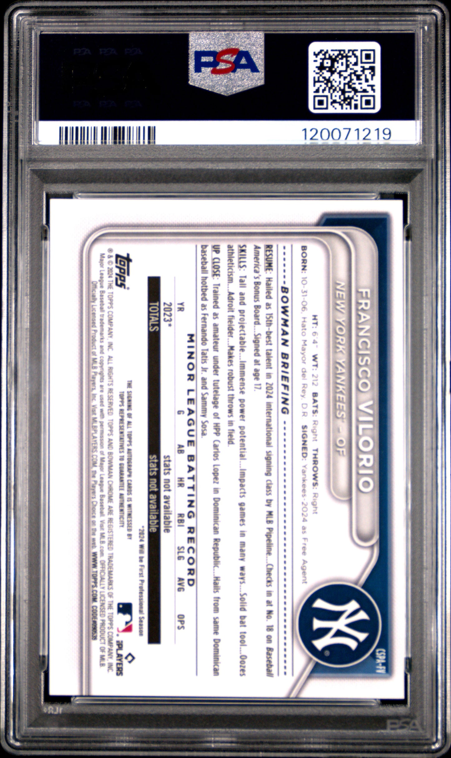 2024 Bowman Chrome Sapphire Edition Prospects Autographs Francisco Vilorio #FV Green 97/99 PSA 8