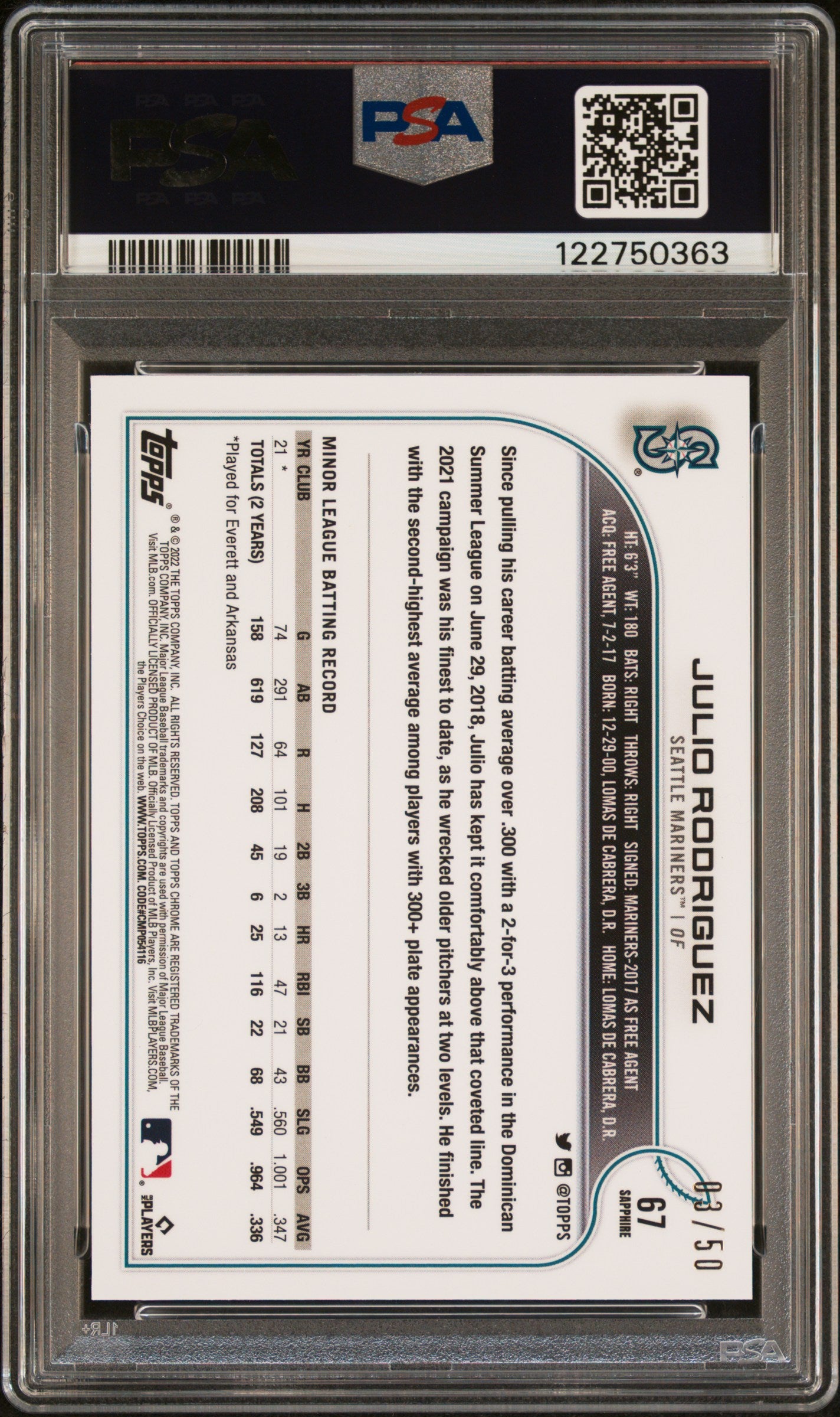 2022 Topps Chrome Sapphire Edition Julio Rodriguez #67 Gold PSA 9