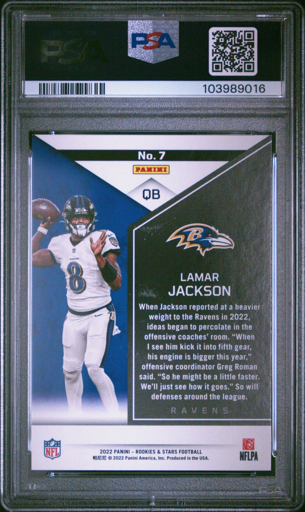 2022 Panini Rookies & Stars Lamar Jackson #7 True Blue 07/49 PSA 9