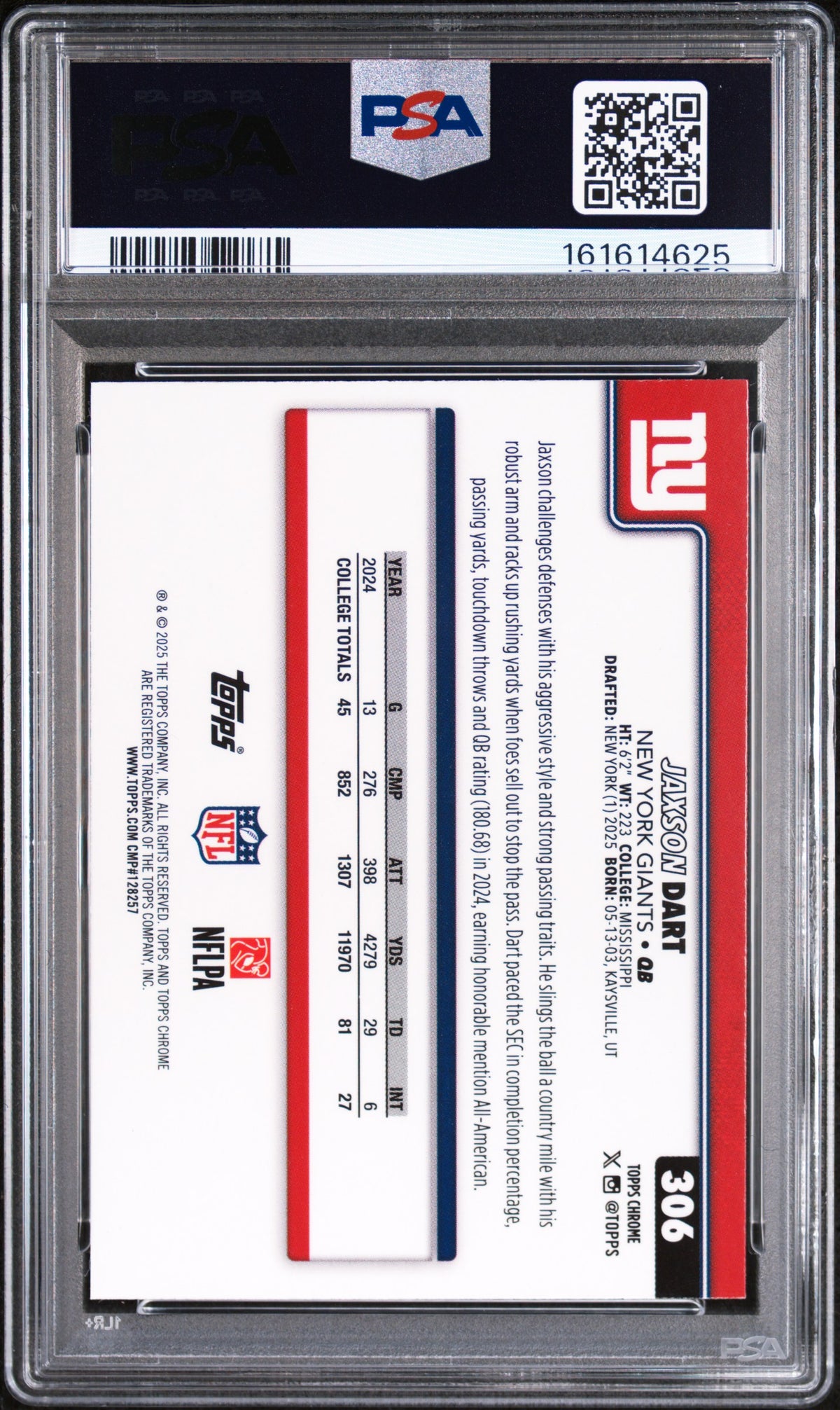 2025 Topps Chrome Jaxson Dart #306 Pulsar PSA 10