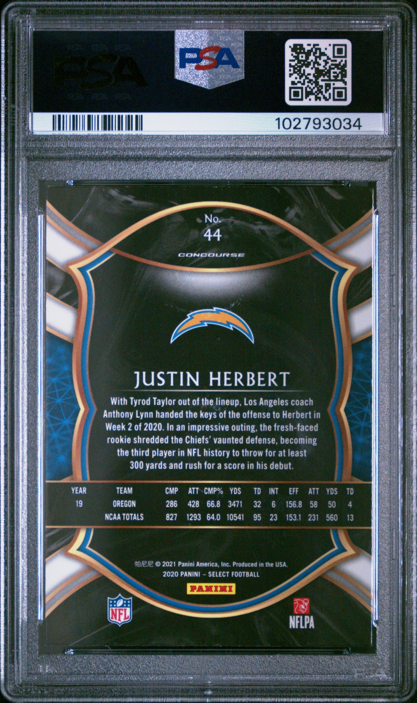 2020 Panini Select Justin Herbert #44 PSA 10