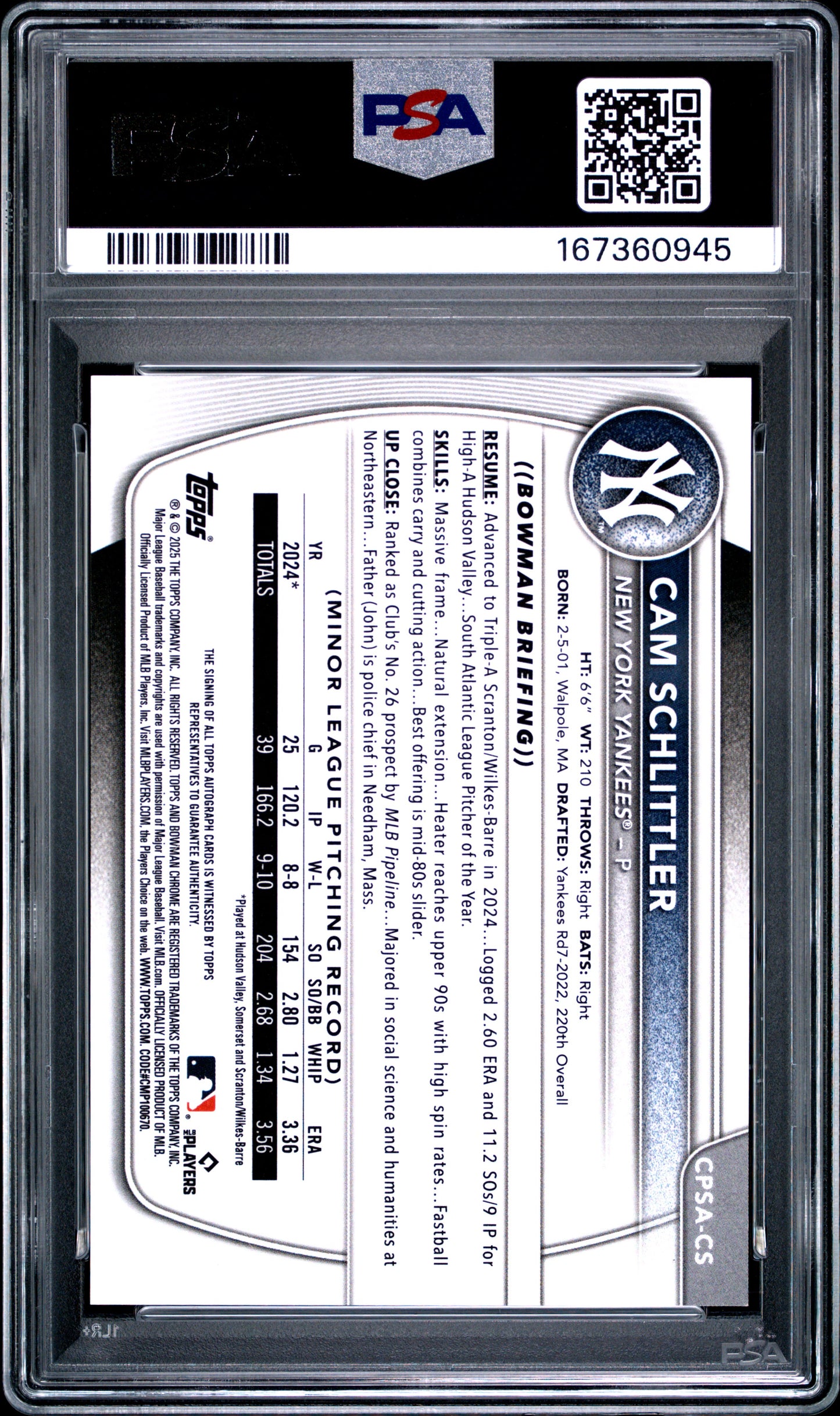 2025 Bowman Chrome Sapphire  Prospects Autographs Cam Schlittler #CS /199 PSA 10