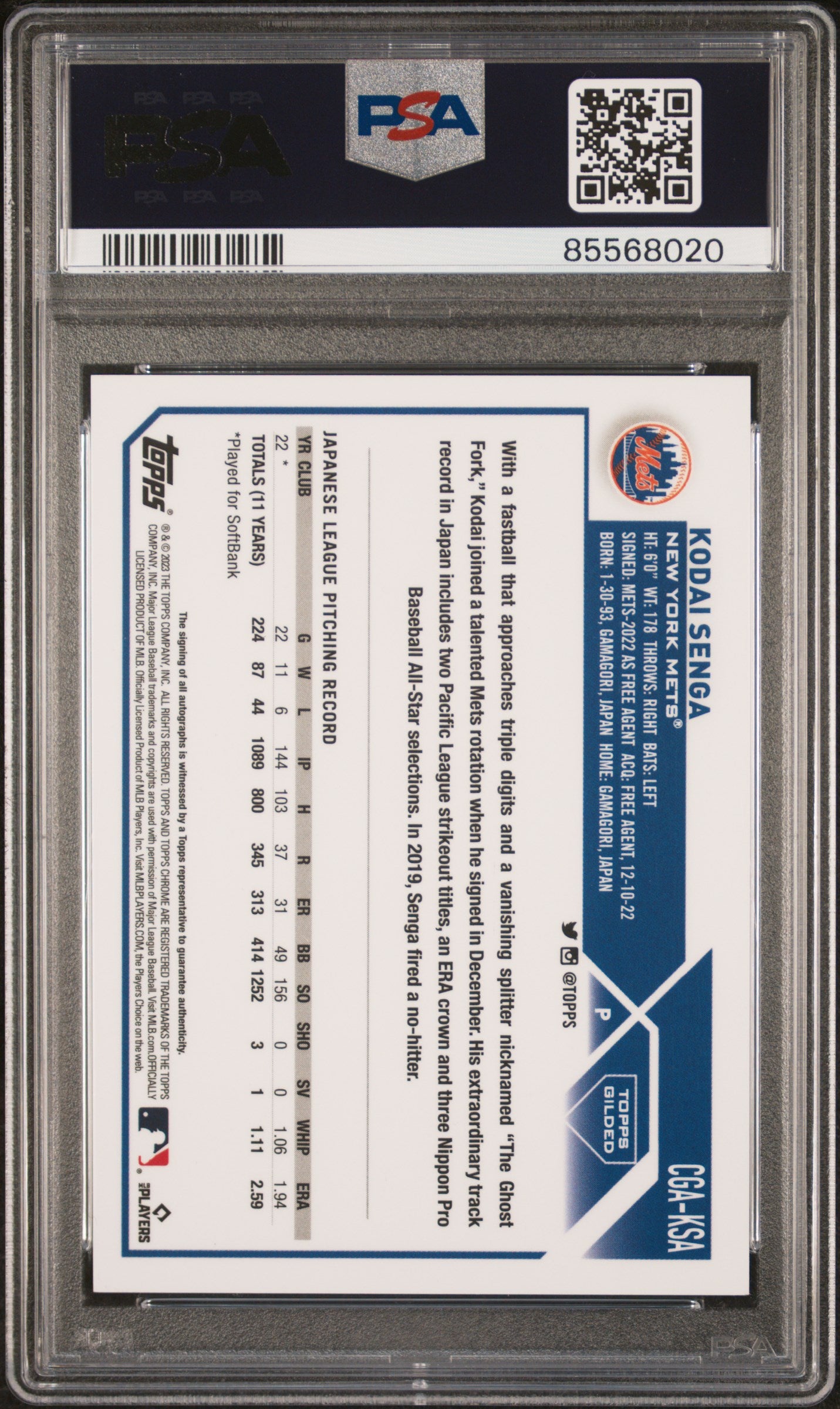 2023 Topps Gilded Collection Gold Etch Autographs Kodai Senga Yellow /75 PSA 10