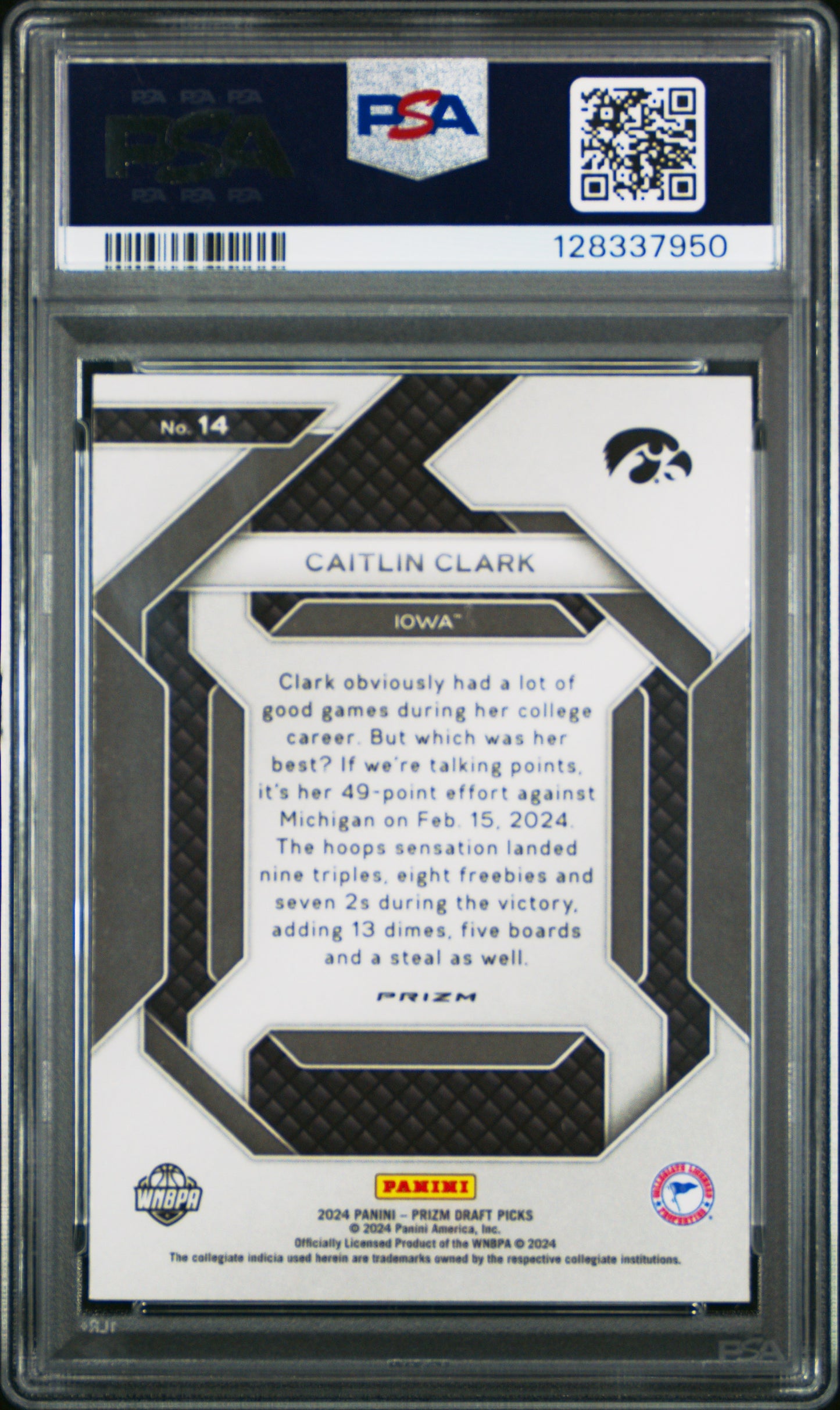 2024 Panini Prizm Draft Picks New Recruits Caitlin Clark #14 Ice PSA 10