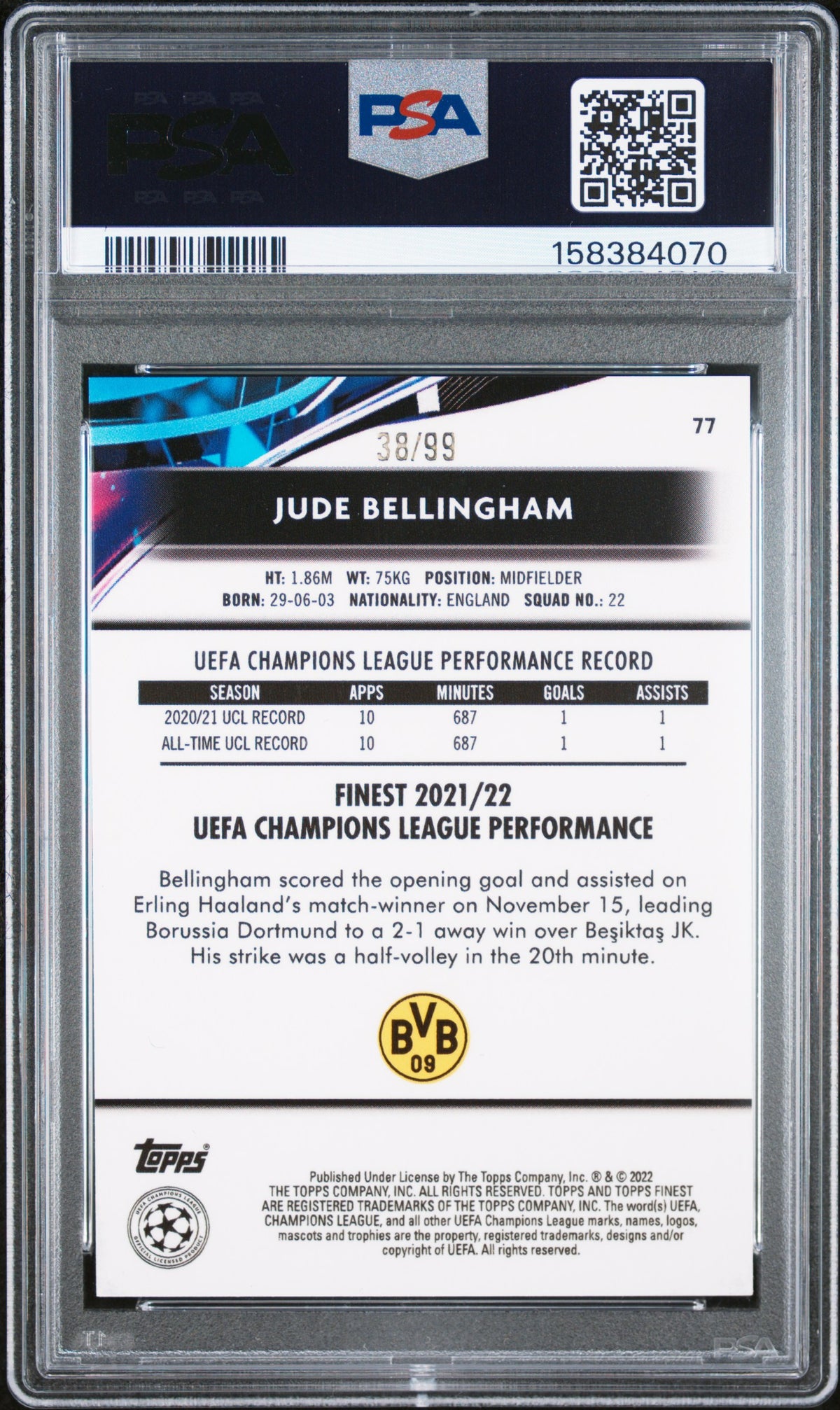2021-2022 Topps Finest UEFA Champions League Jude Bellingham Neon /99 PSA 9