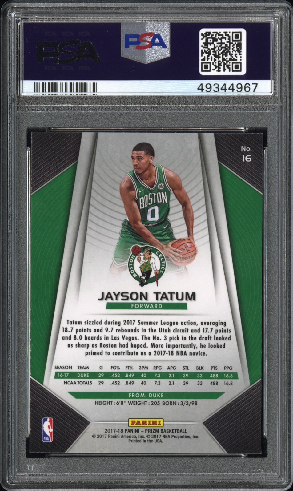 2017 Panini Prizm Jayson Tatum #16 PSA 10