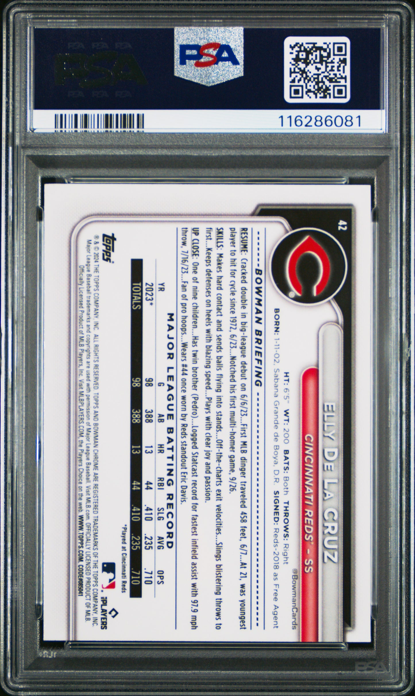 2024 Bowman Chrome Elly De La Cruz #42 Blue Refractor 075/130 PSA 9