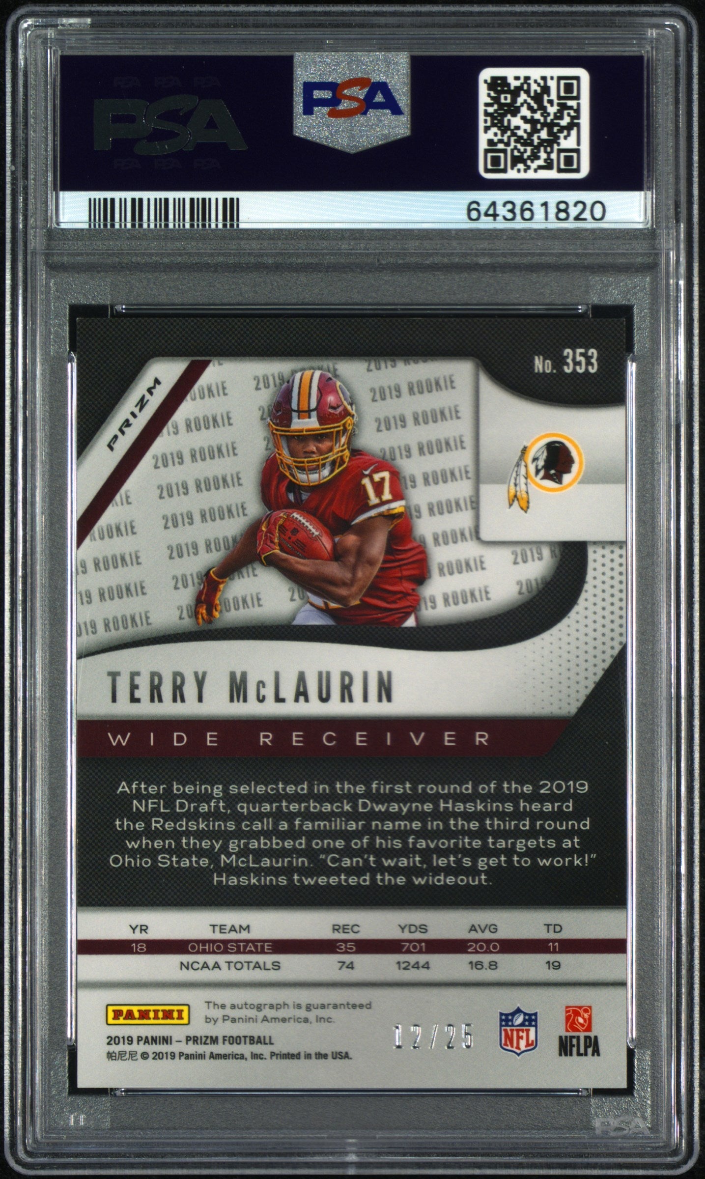 2019 Panini Prizm Terry Mclaurin #353 Autograph Camo PSA 9
