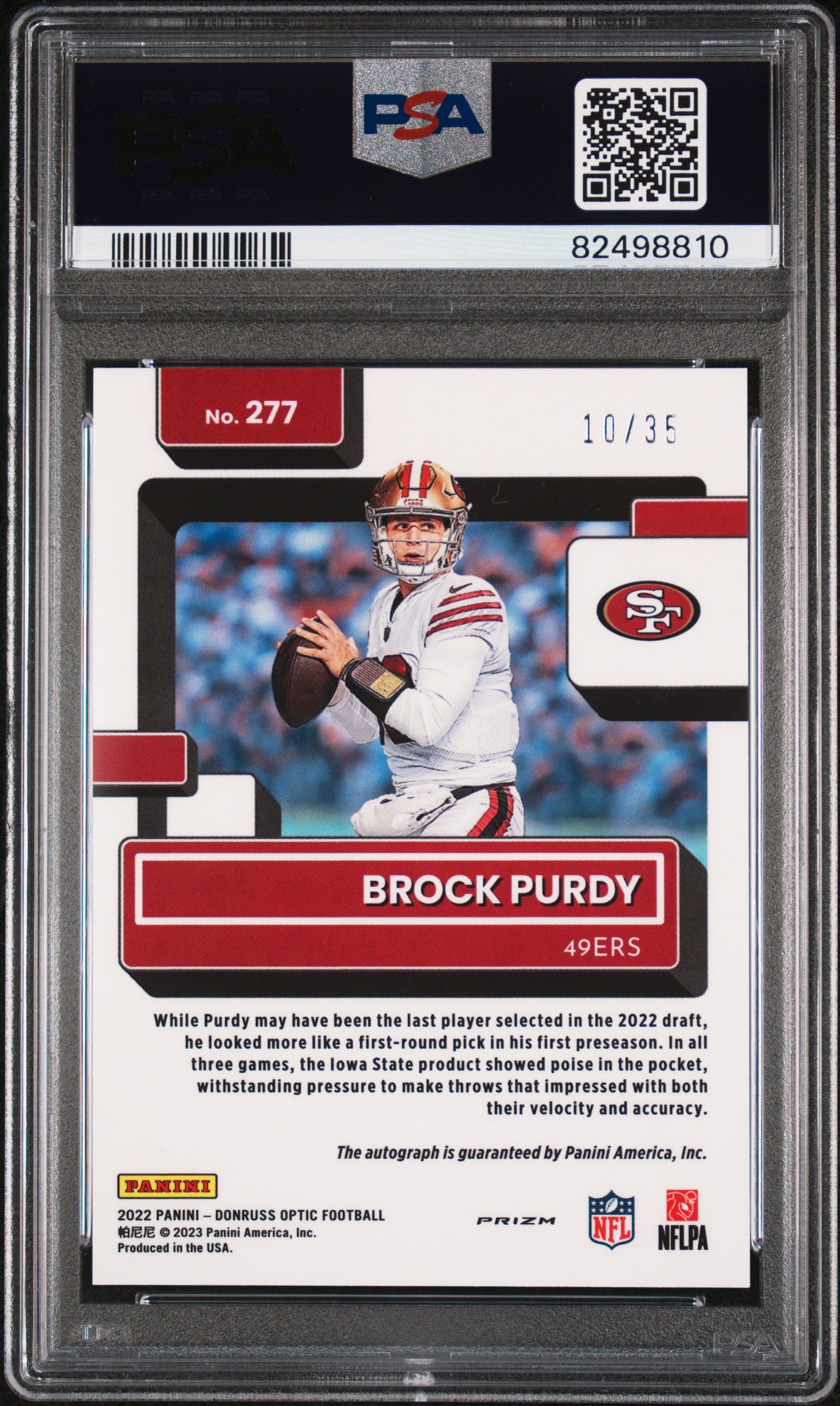 2022 Panini Donruss Optic Brock Purdy #277 Autograph Purple /35 PSA 10