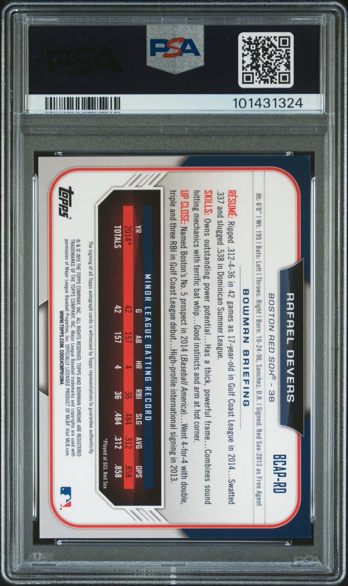 2015 Bowman Prospect Autograph Rafael Devers #RD Chrome PSA 9