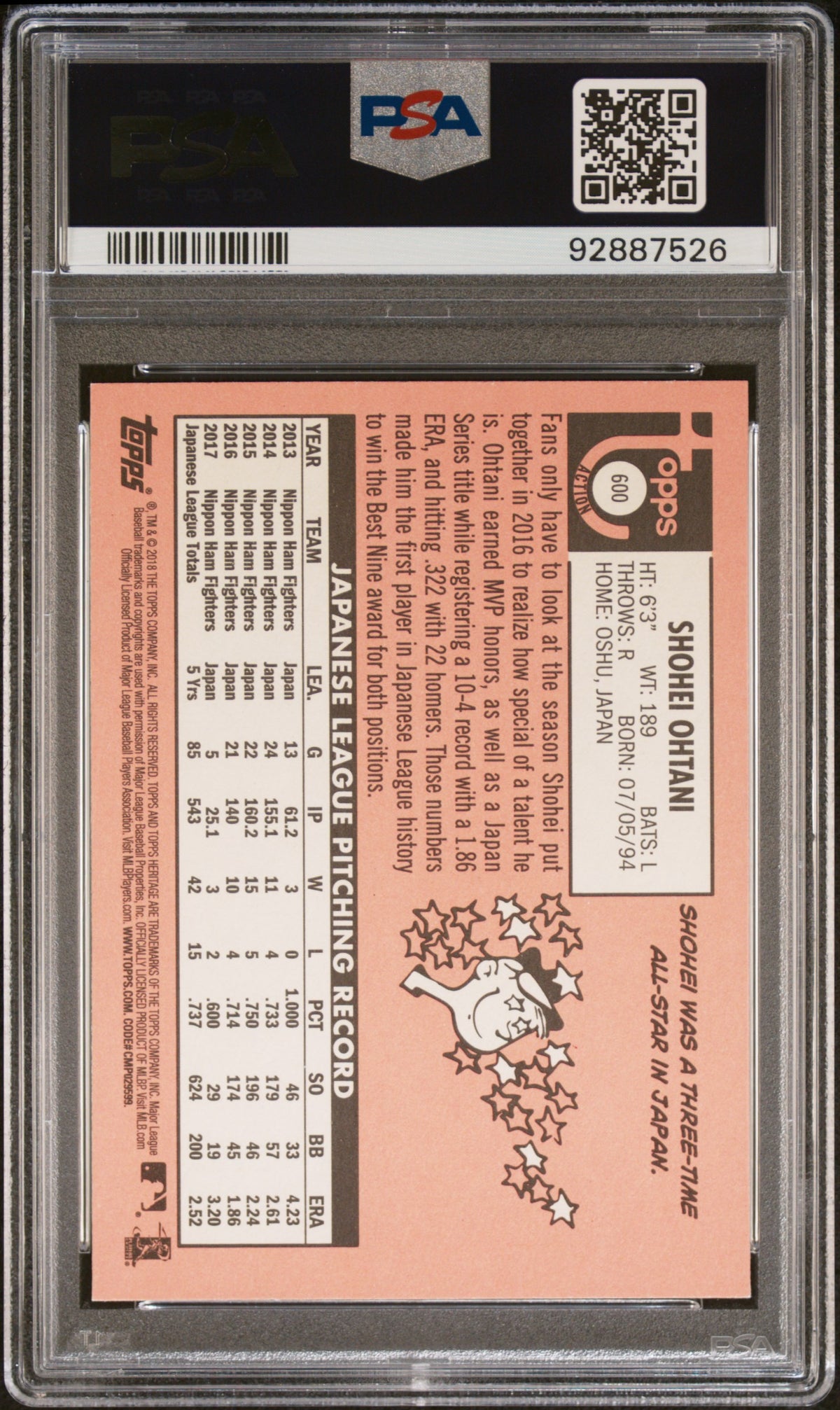 2018 Topps Heritage Shohei Ohtani #600 Action PSA 10