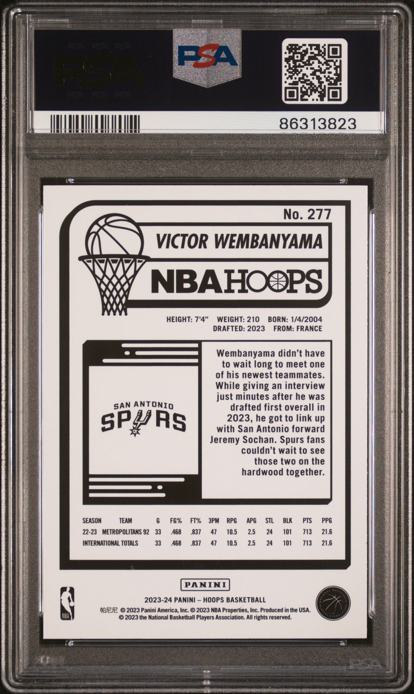 2023 Panini NBA Hoops Victor Wembanyama #277 Blue PSA 8