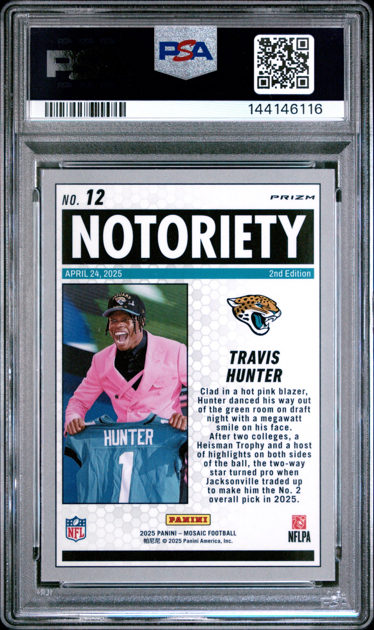 2025 Panini Mosaic Notoriety Travis Hunter #12 Red PSA 10