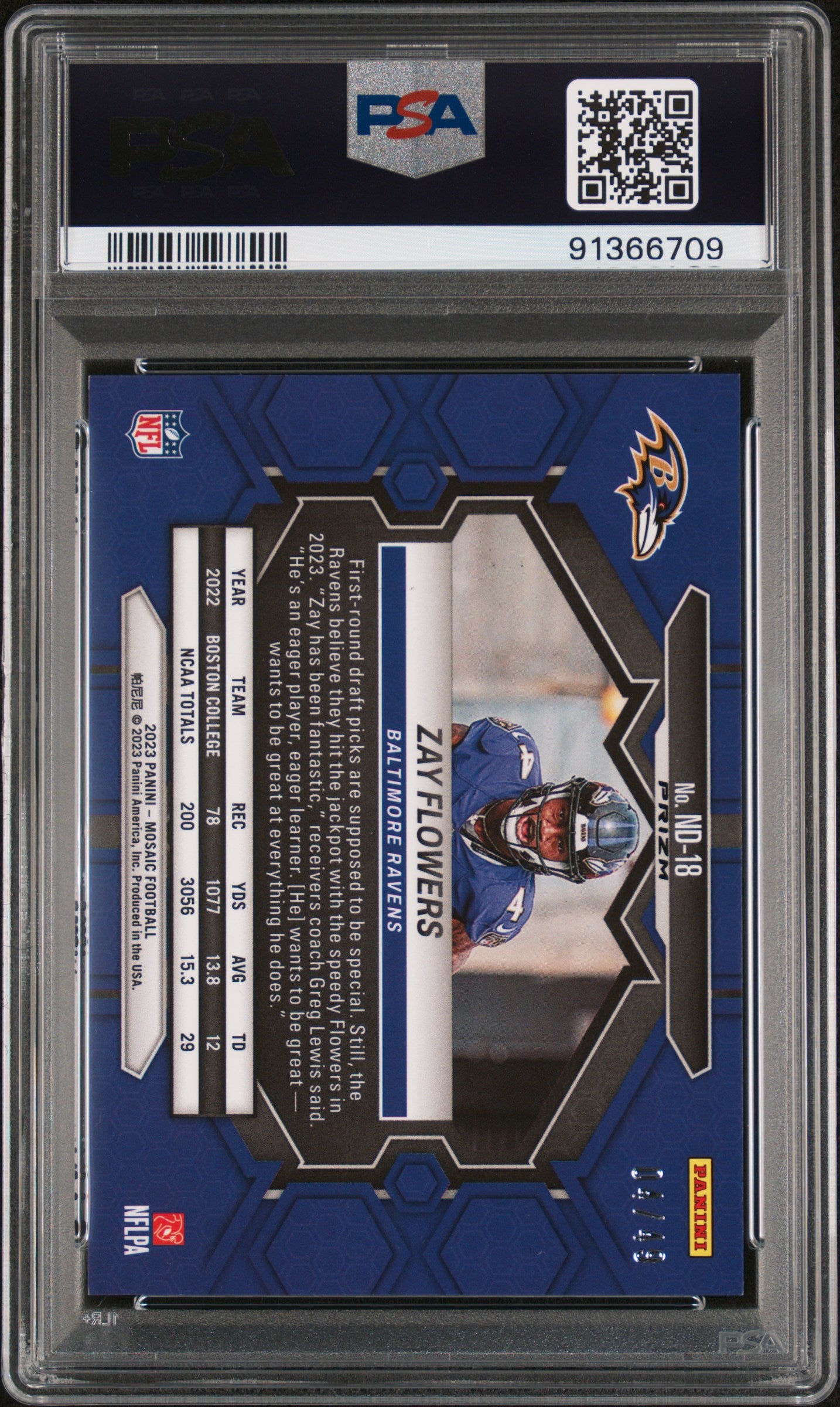 2023 Panini Mosaic NFL Debut Zay Flowers #ND18 Purple PSA 10