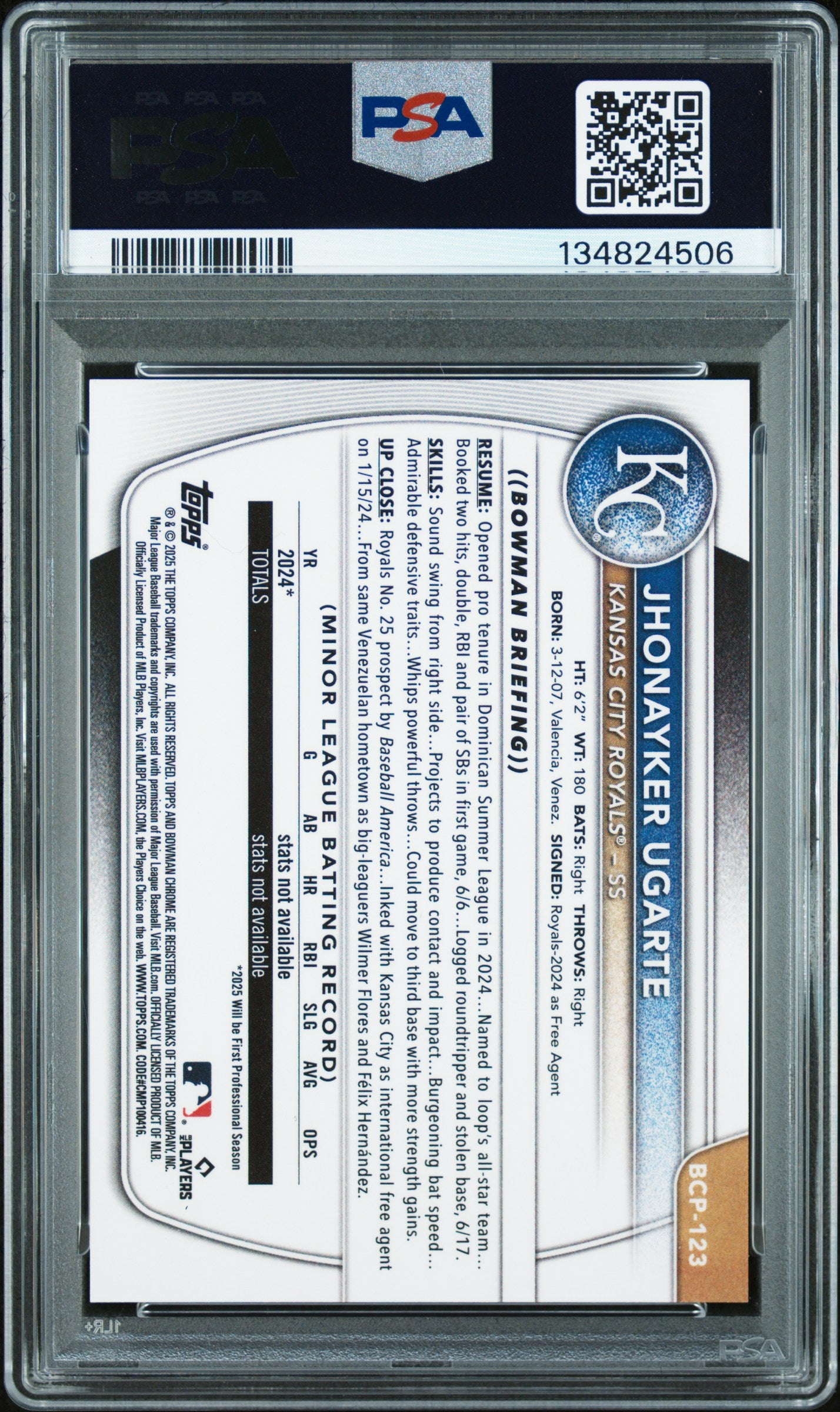 2025 Bowman Chrome Prospects Jhonayker Ugarte #BCP123 Orange Ref 03/25 PSA 9