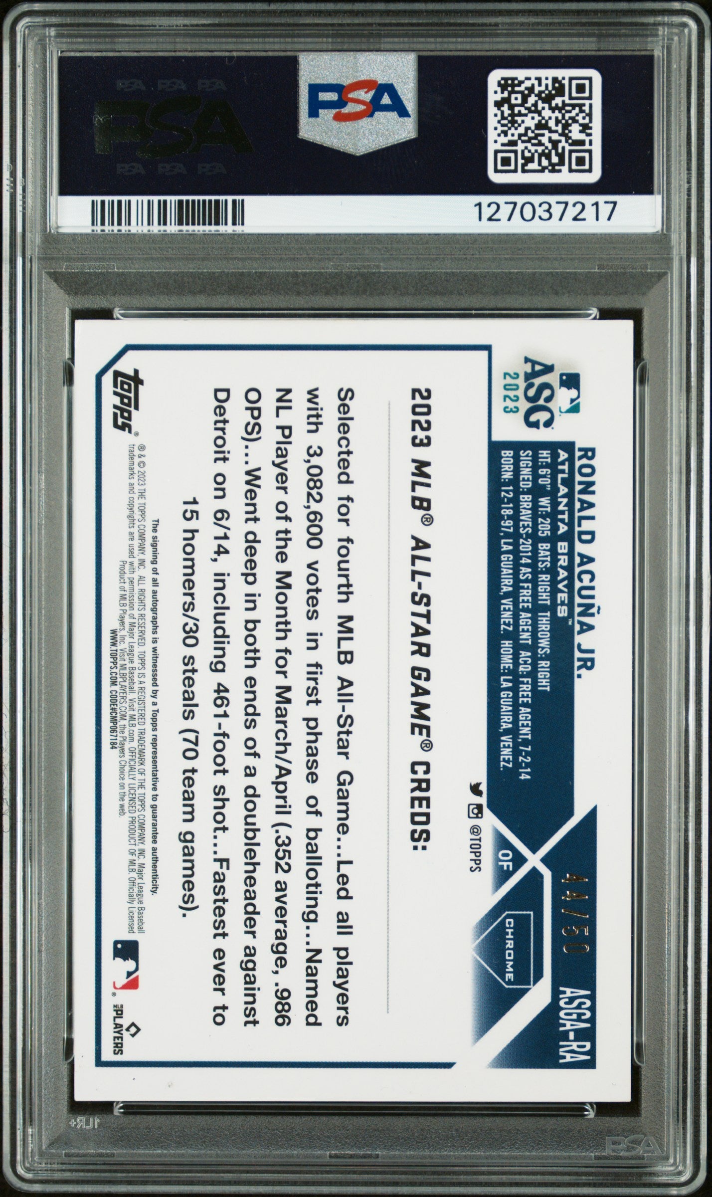 2023 Topps Chrome Update 2023 ASG Auto Ronald Acuna JR. #RA  Gold Ref PSA 8