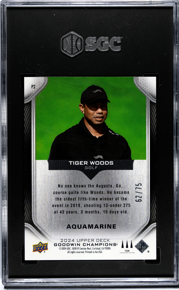 2024 Upper Deck Goodwin Champions Tiger Woods #P2 Platinum Aquamarine 75 SGC 9