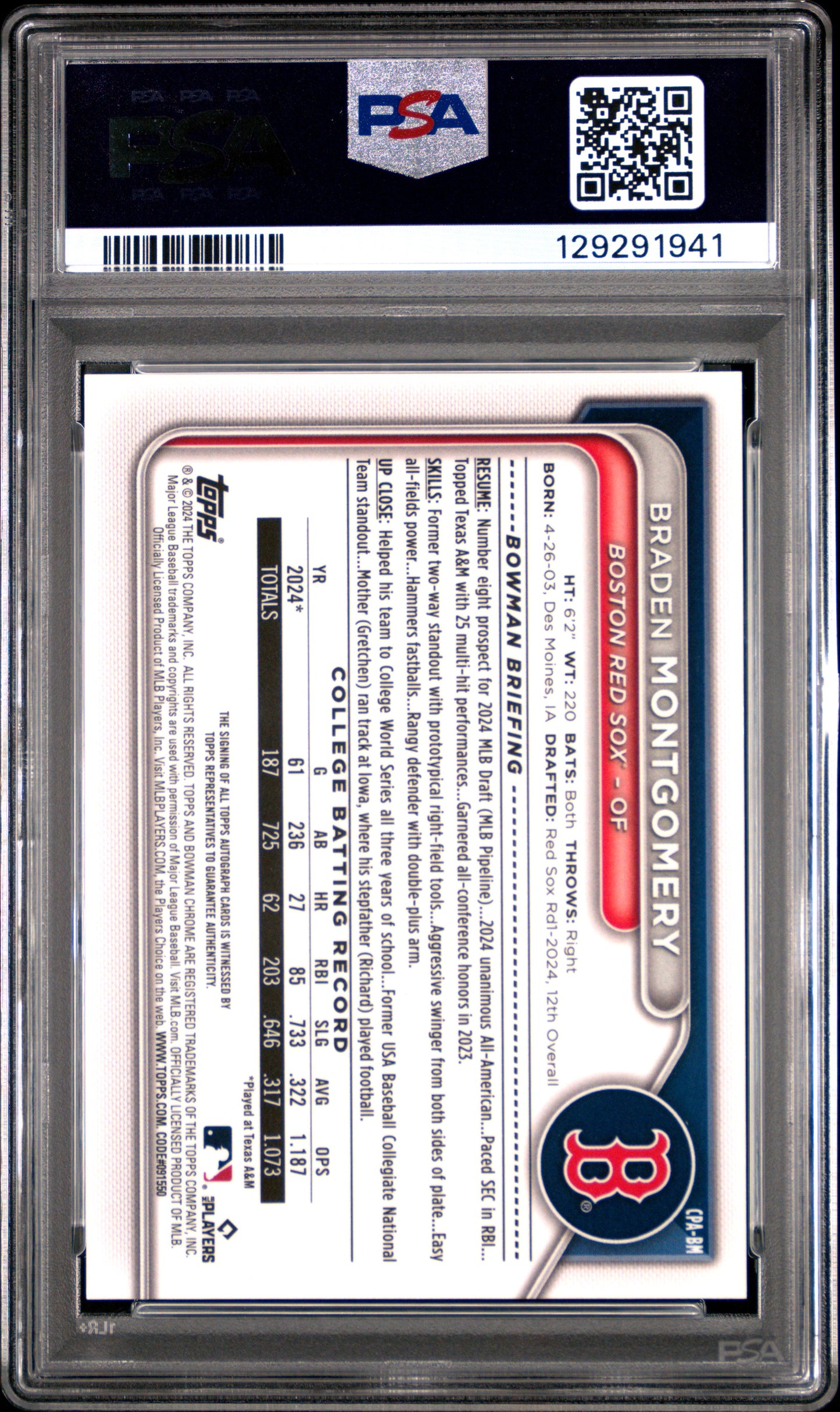 2024 Bowman Draft Chrome Autographs Braden Montgomery #CPABM Green /99 PSA 9