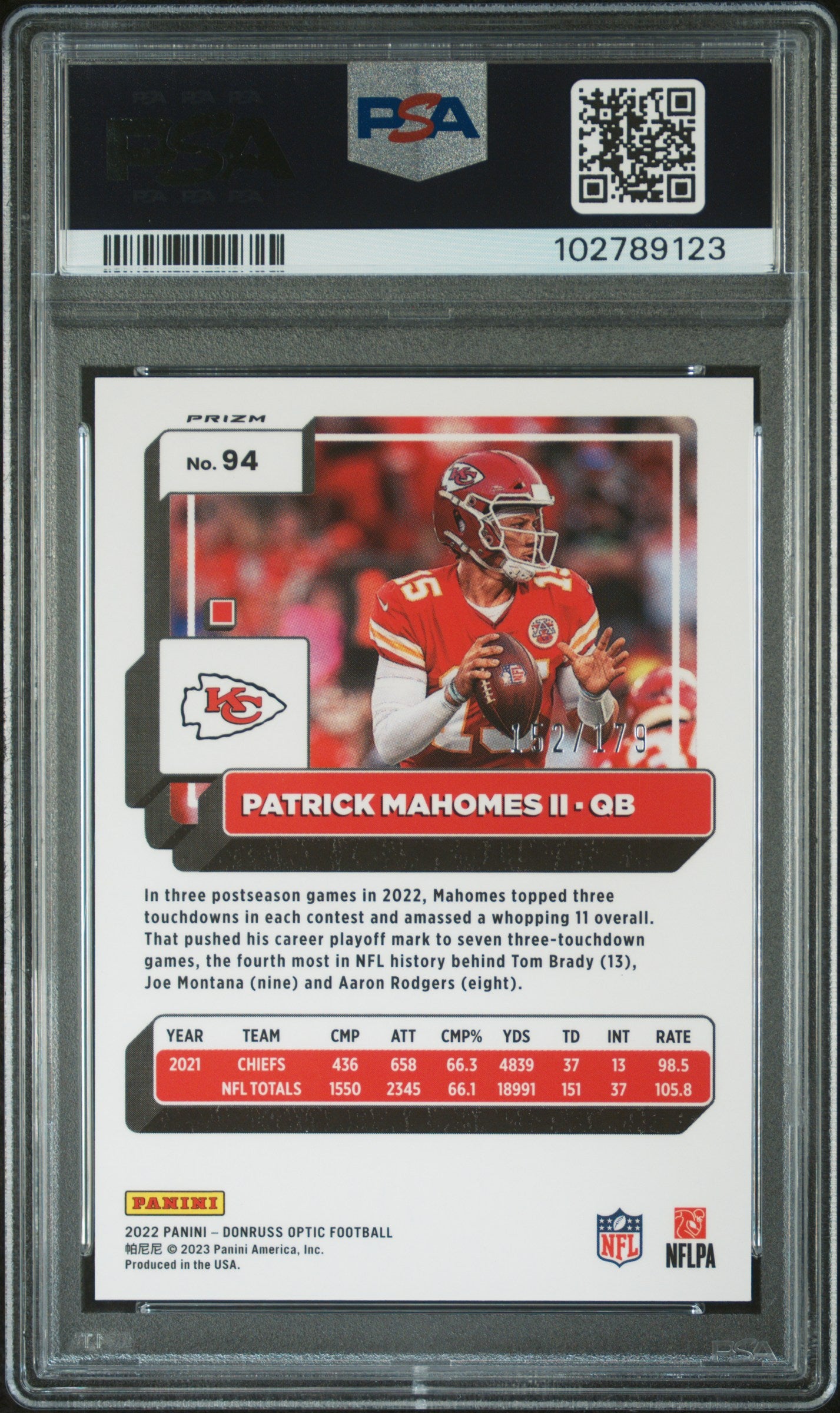 2022 Panini Donruss Optic Patrick Mahomes II #94 Blue PSA 10