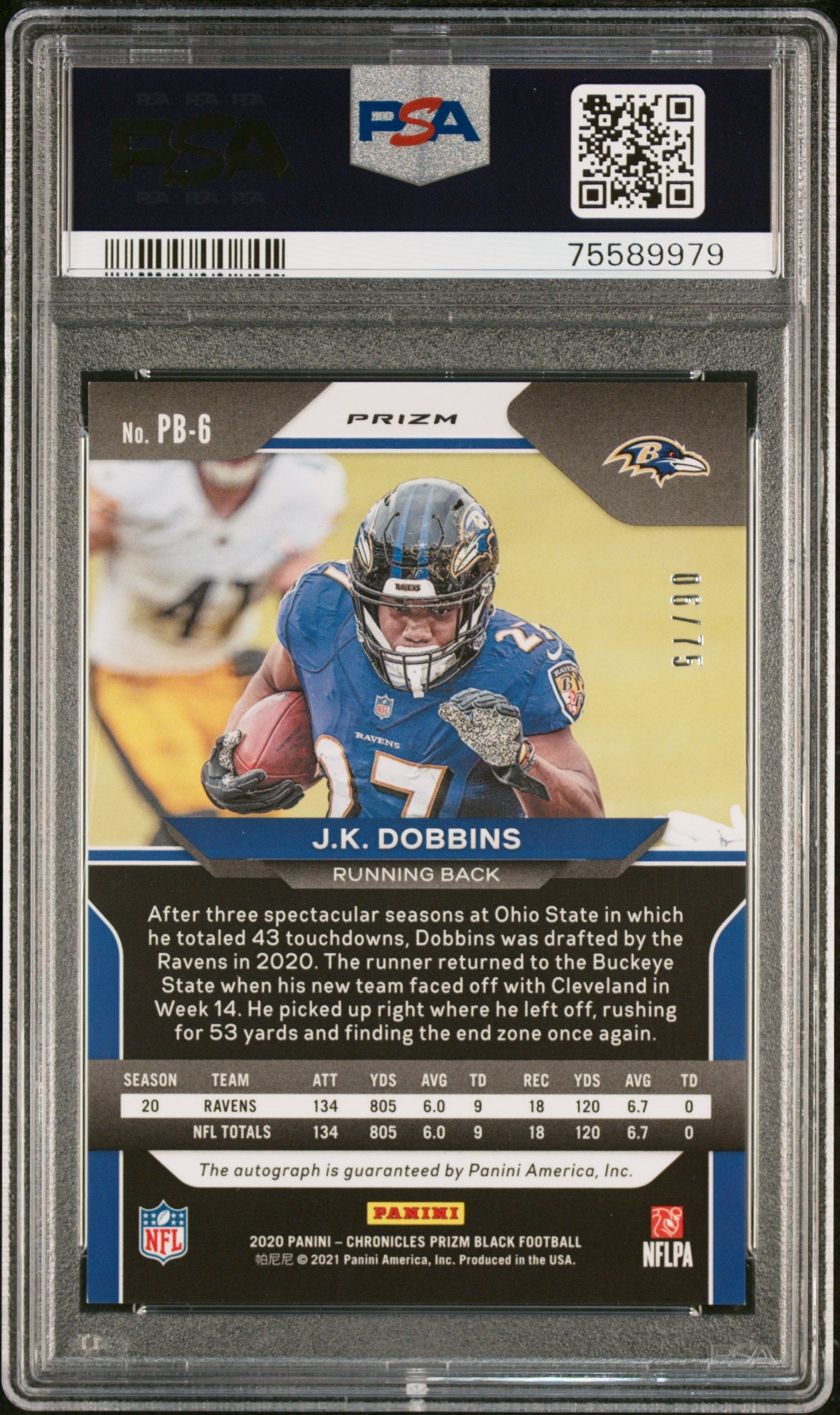 2020 Panini Chronicles Prizm Black J. K. Dobbins #PB6 SIG Orange PSA 10