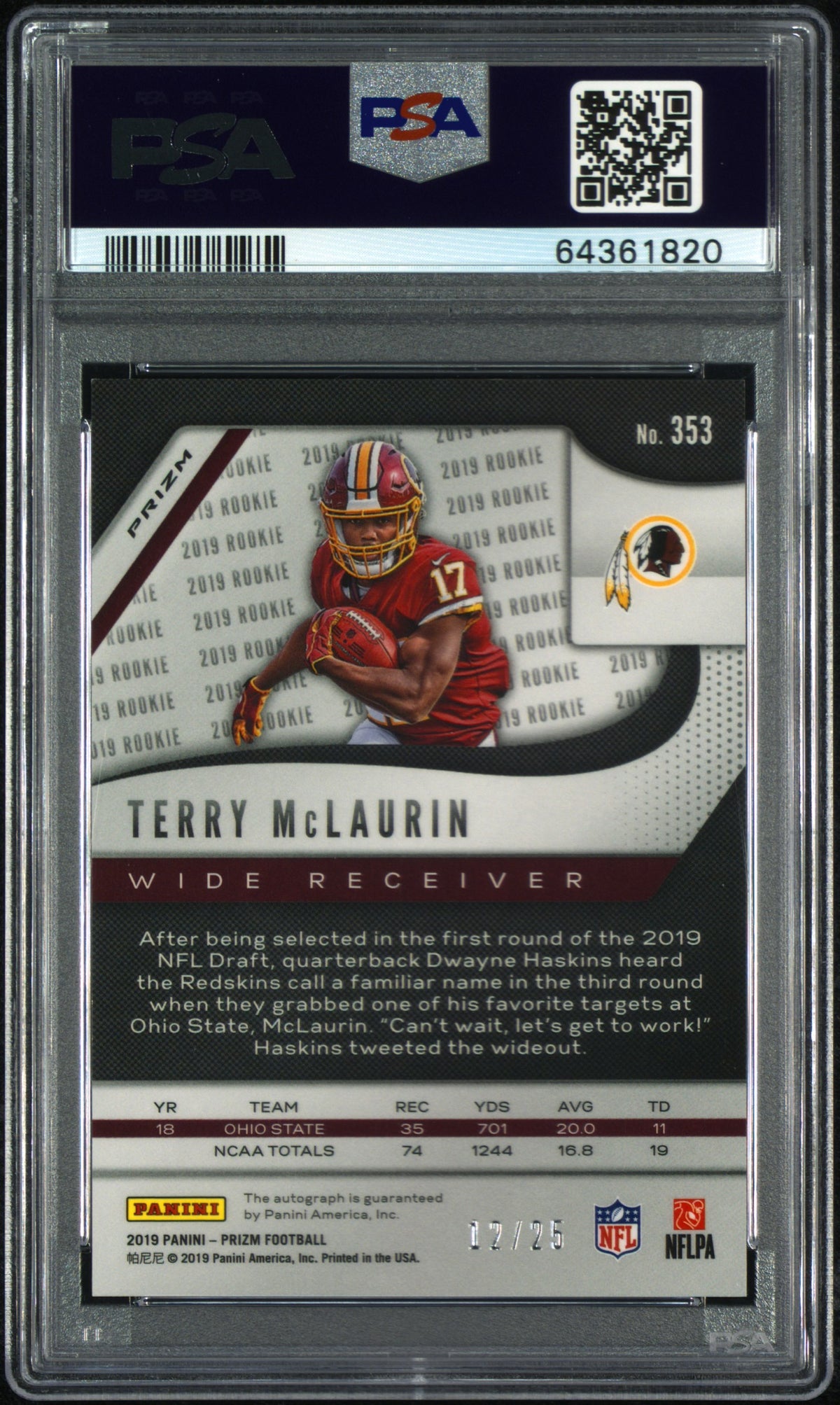 2019 Panini Prizm Terry Mclaurin #353 Autograph Camo PSA 9