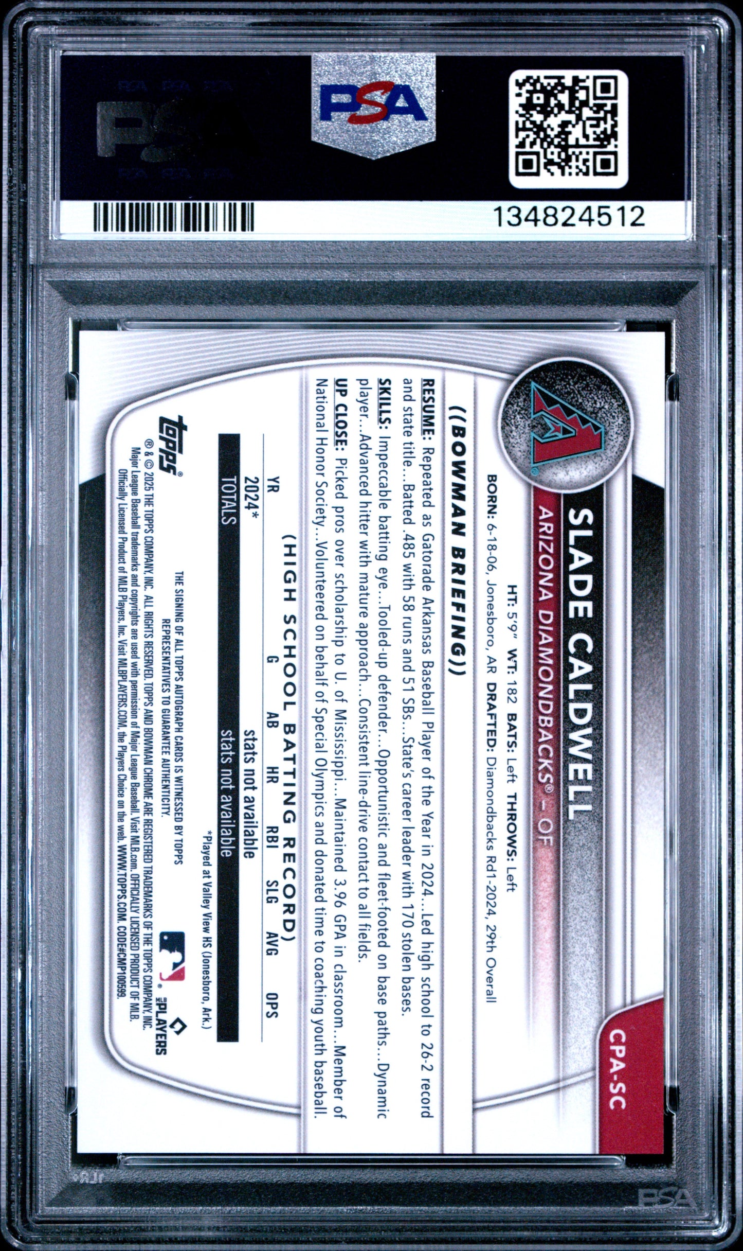 2025 Bowman Chrome Prospect Autographs Slade Caldwell #CPASC PSA 10