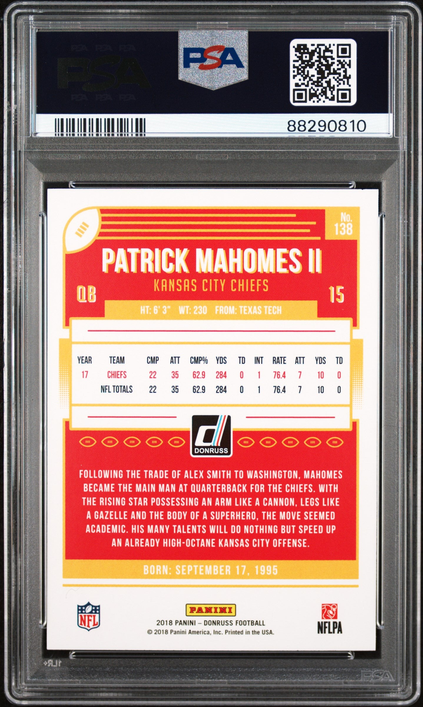 2018 Panini Donruss Patrick Mahomes II #138 PSA 10