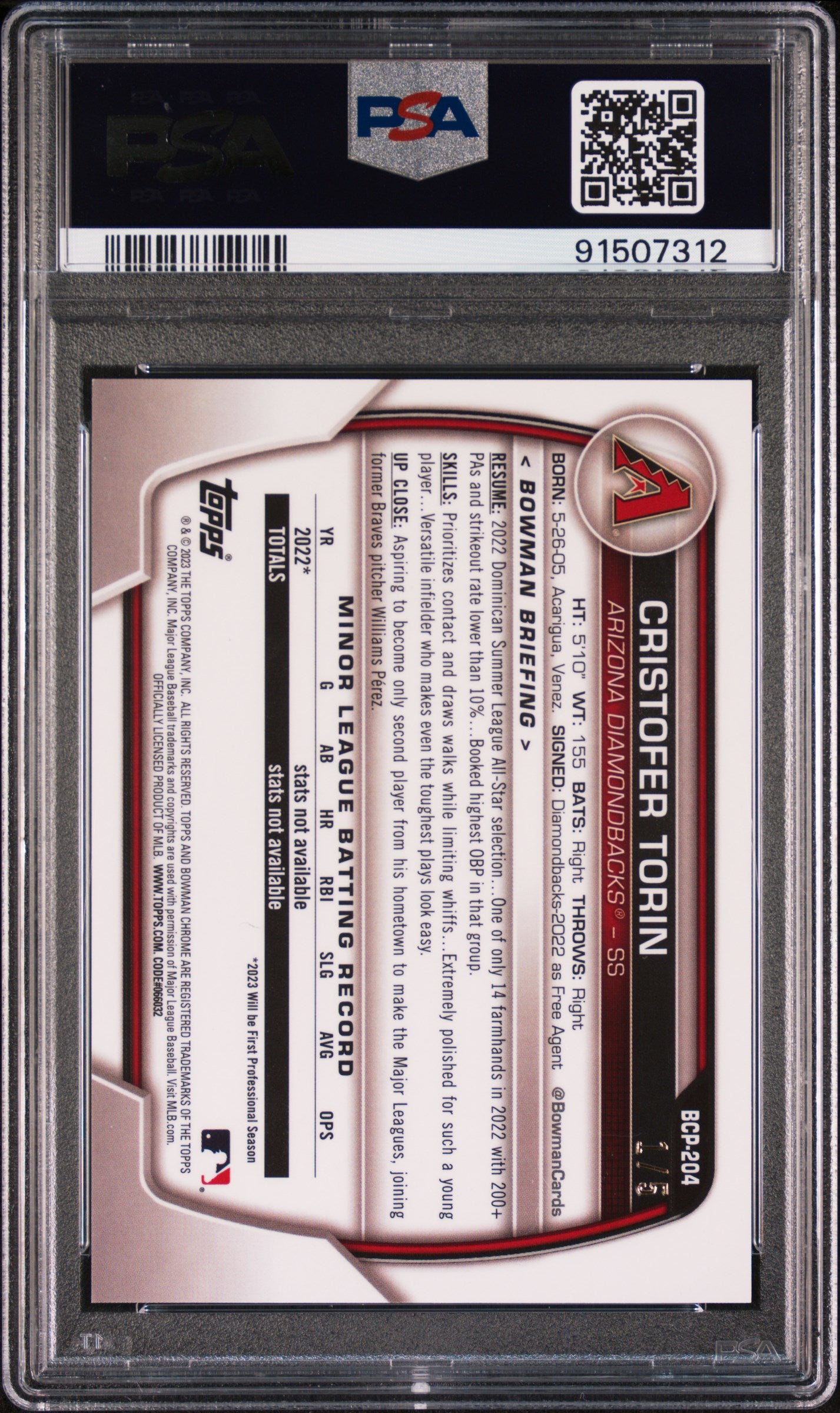 2023 Bowman Mega Box Chrome Cristofer Torin #204 Red Refractor PSA 10