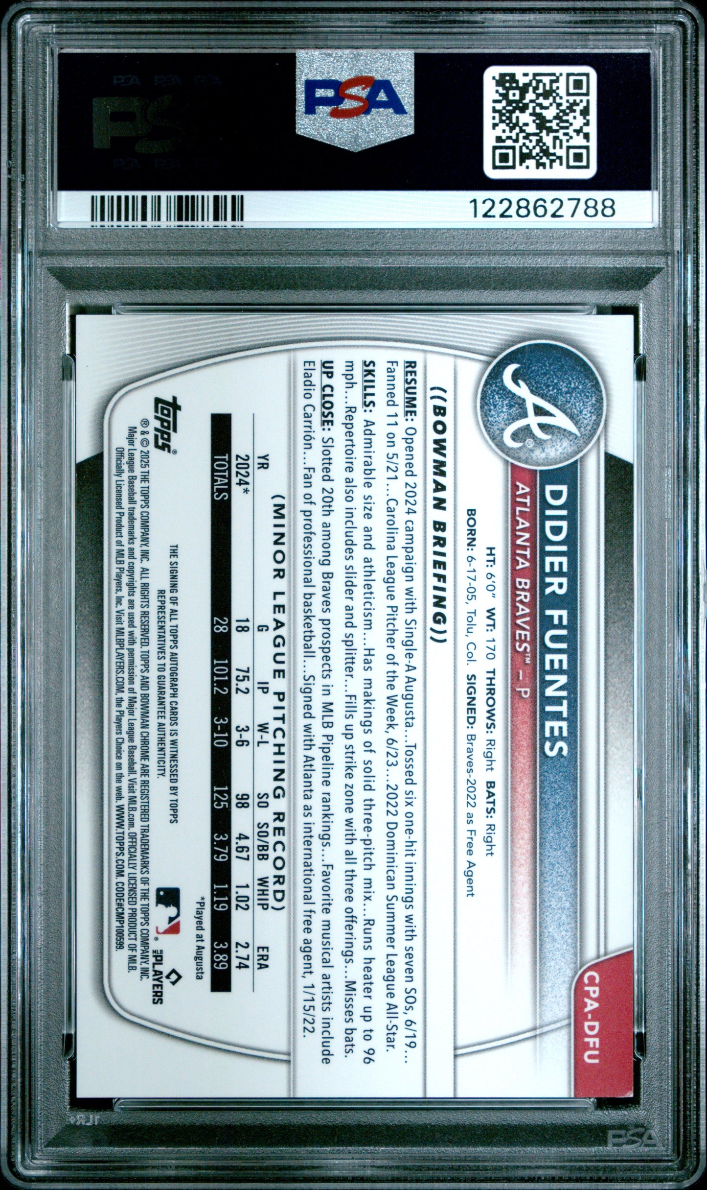 2025 Bowman Chrome Prospect Autographs Didier Fuentes Mini Dia /100 PSA 8