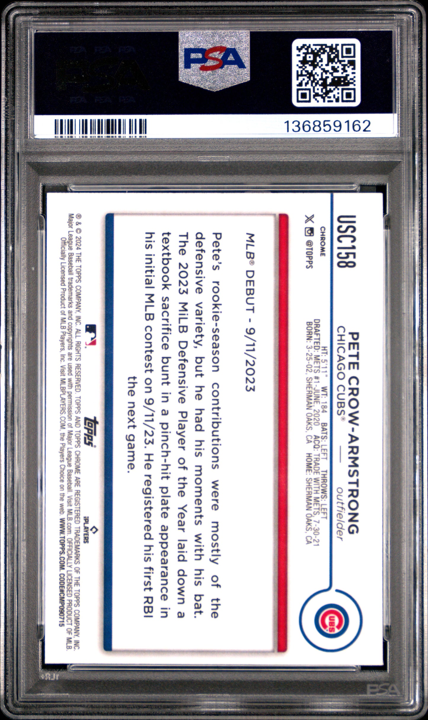 2024 Topps Chrome Update Pete Crow-Armstrong #USC158 Negative Refractor PSA 9