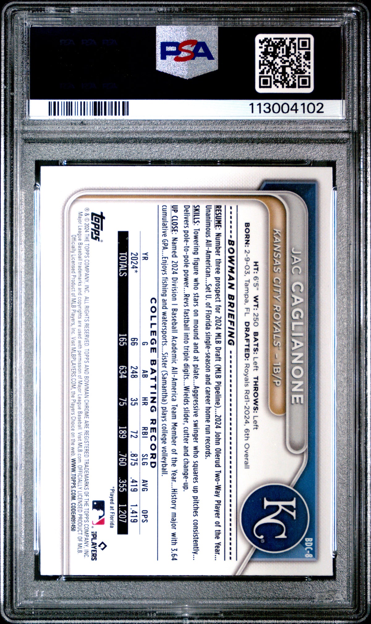 2024 Bowman Draft Sapphire Edition Jac Caglianone 1st #BDC8 Yellow /75 PSA 10